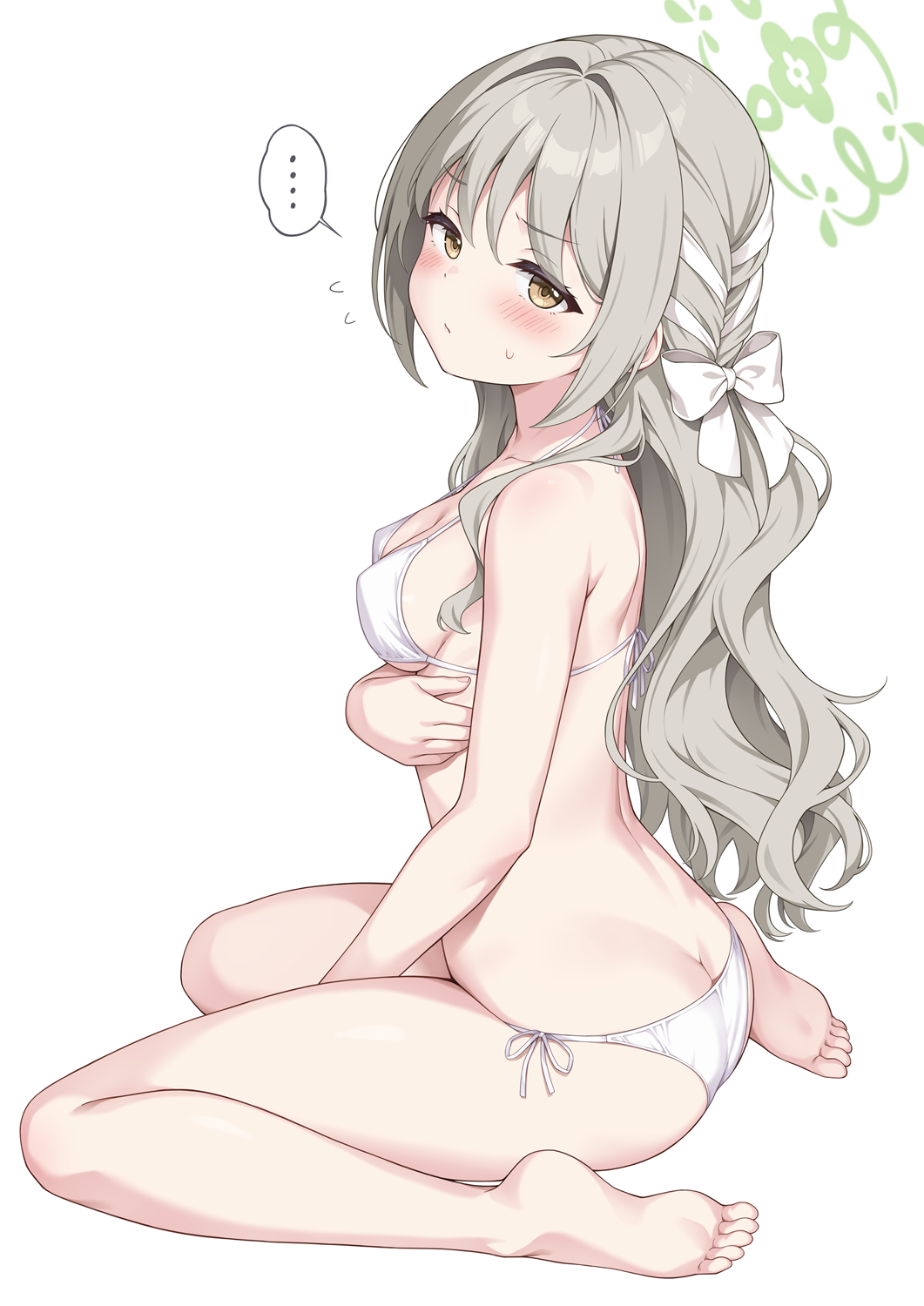yamasan, miyo (blue archive), blue archive, commentary request, highres, paid reward available, …, 1girl, alternate costume, ass, barefoot, bikini, blush, bow, breasts, brown eyes, butt crack, closed mouth, flying sweatdrops, from side, green eyes, green halo, grey hair, hair bow, halo, long hair, looking at viewer, medium breasts, side-tie bikini bottom, simple background, sitting, small sweatdrop, soles, solo, speech bubble, spoken ellipsis, swimsuit, toes, wariza, wavy hair, white background, white bikini, white bow