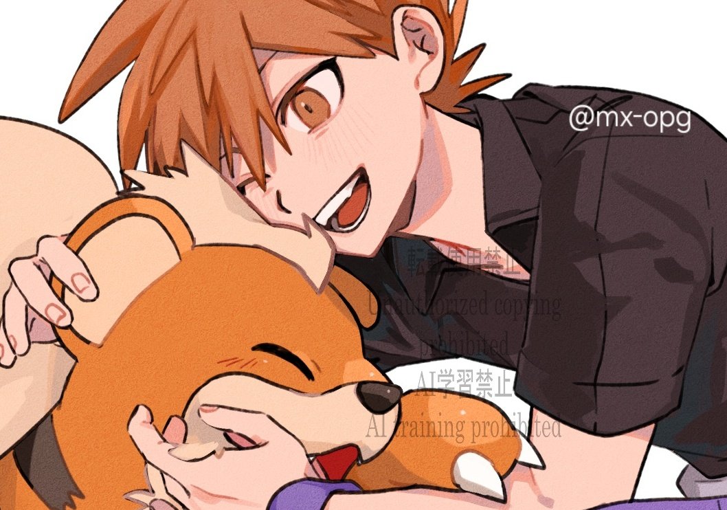 momotose (hzuu xh4), blue oak, growlithe, nintendo, pokemon, pokemon frlg, commentary request, 1boy, ;d, affectionate, brown eyes, brown hair, collared shirt, gen 1 pokemon, male focus, one eye closed, open mouth, pokemon (creature), shirt, short hair, short sleeves, smile, spiked hair, teeth, tongue, watermark, wristband