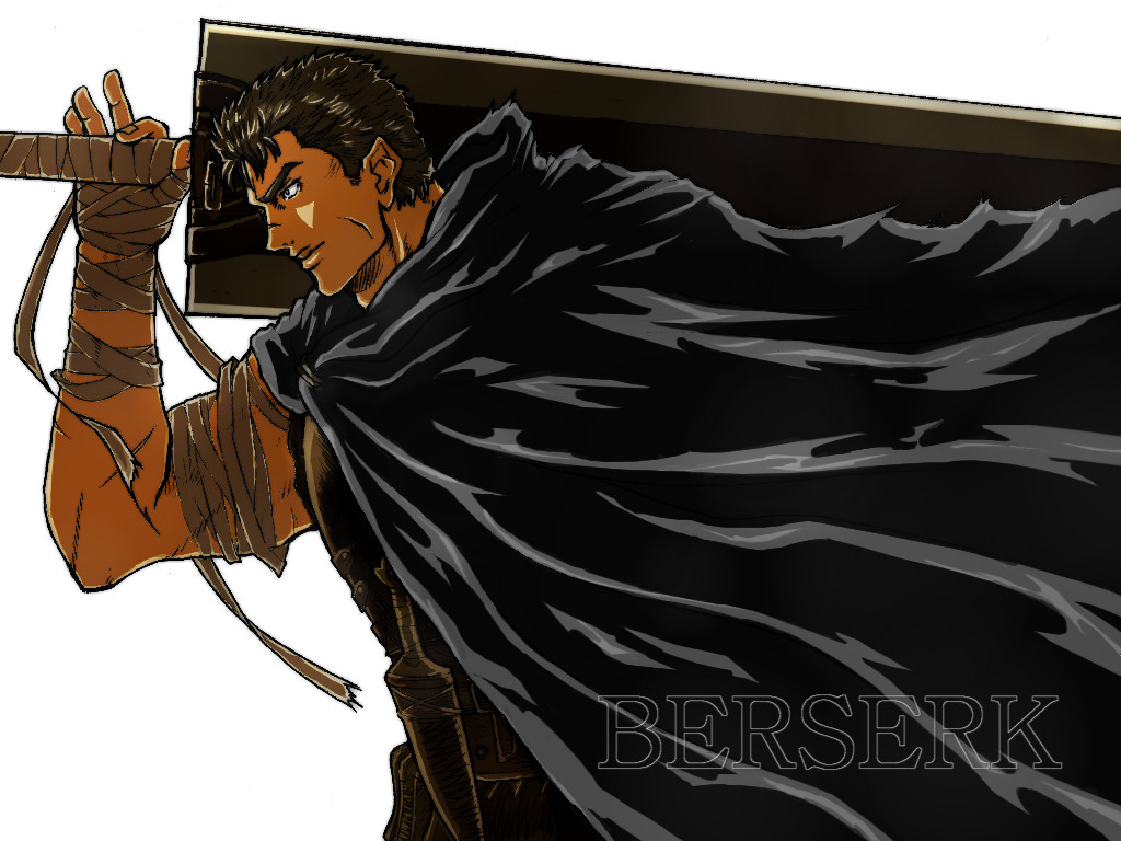 taw, guts (berserk), berserk, 1990s (style), 1boy, bandages, brown hair, cape, dragonslayer (sword), male focus, muscular, solo, sword, weapon, white background