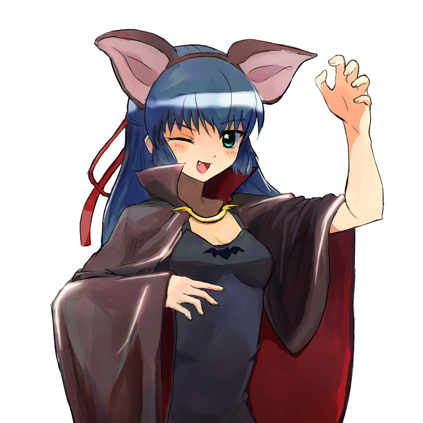 nyama, karasuma chitose, galaxy angel, costume, bad id, bad pixiv id, 00s, 1girl, animal ears, bat ears, blue hair, blush, cape, fang, female focus, green eyes, green hair, halloween, long hair, looking at viewer, matching hair/eyes, one eye closed, simple background, solo, white background, wink