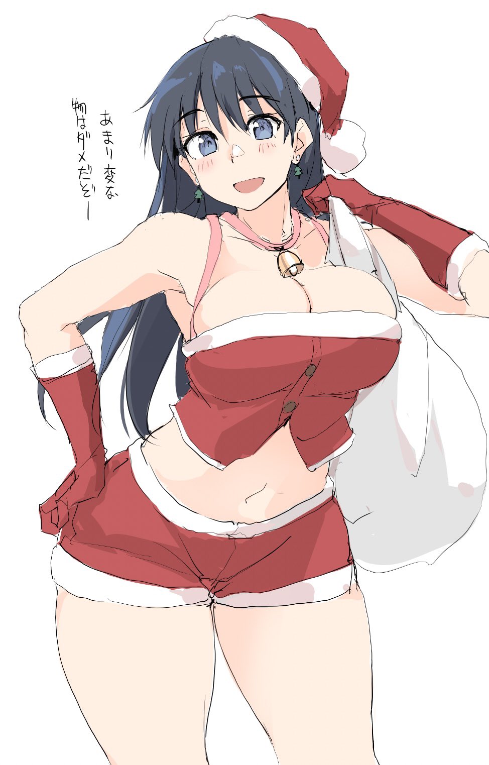 zekkyon, arato nagi, ruri no houseki, commentary request, highres, translation request, 1girl, bare shoulders, bell, blue eyes, blush, bodice, breasts, cleavage, earrings, elbow gloves, fur-trimmed headwear, fur trim, gloves, hat, jewelry, jingle bell, large breasts, long hair, looking at viewer, midriff, navel, open mouth, red gloves, red hat, red shorts, sack, santa costume, santa hat, short shorts, shorts, smile, solo, thighs