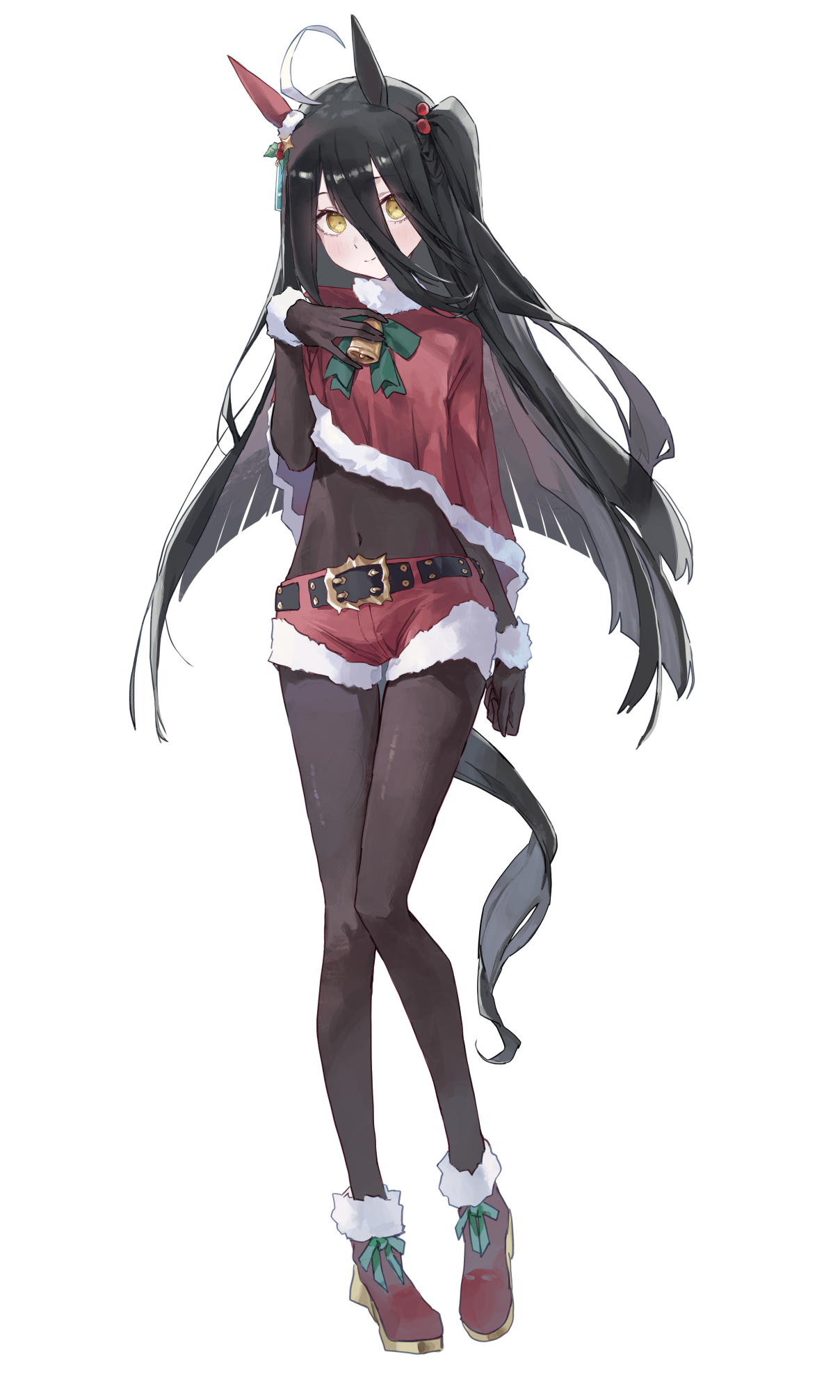 amano kokoko, manhattan cafe (umamusume), umamusume, commentary request, highres, 1girl, animal ears, arm up, bell, belt, black gloves, black hair, black pantyhose, christmas ornaments in hair, clothing cutout, gloves, hair between eyes, high side ponytail, horse ears, horse girl, long hair, long hair between eyes, navel cutout, pantyhose, red shoes, santa costume, shoes, simple background, solo, white background, yellow eyes