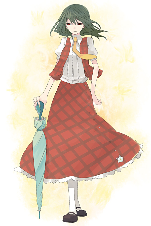 kintaro, kazami yuuka, touhou, 1girl, closed umbrella, female focus, green hair, loafers, necktie, plaid clothes, plaid skirt, plaid vest, red eyes, shoes, skirt, skirt set, solo, umbrella, vest, yellow necktie