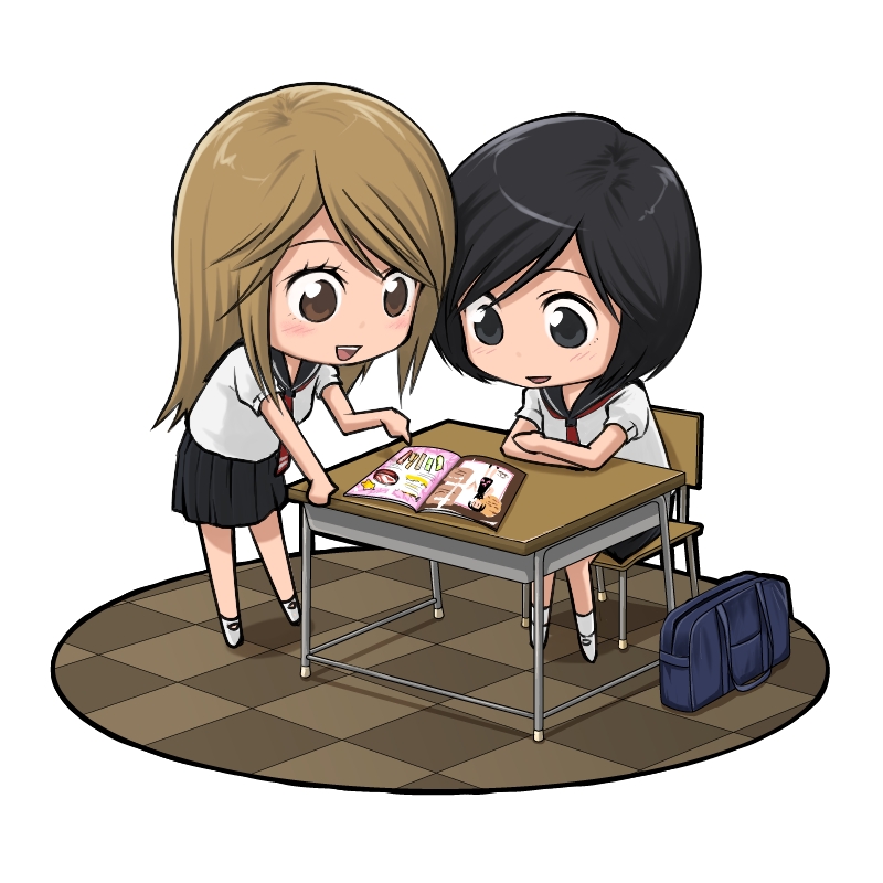 censored (artist), kumakura mariko, oohashi akiko, girl friends (manga), bad id, bad pixiv id, 2girls, bag, black hair, blush, chibi, classroom, desk, happy, indoors, long hair, magazine (object), multiple girls, open mouth, school, school bag, school uniform, serafuku, short hair, simple background, sitting, smile, white background
