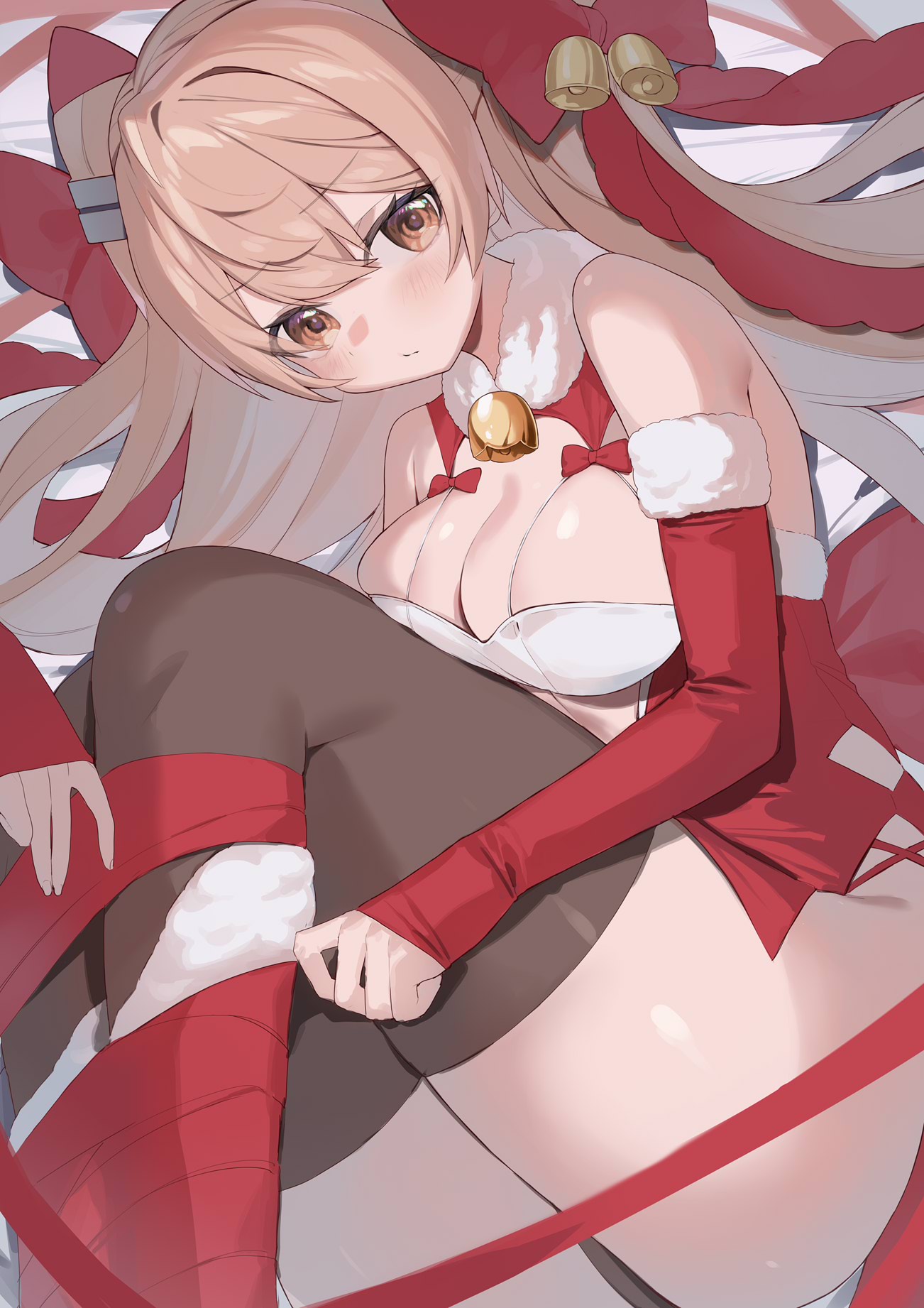 picoli1313, johnston (christmas) (kancolle), johnston (kancolle), kantai collection, commentary request, highres, 1girl, bell, black thighhighs, bow, bowtie, breasts, bridal gauntlets, brown eyes, brown hair, cleavage, dress, hair bow, looking at viewer, lying, medium breasts, on side, red bow, red bowtie, red dress, solo, thighhighs, two side up