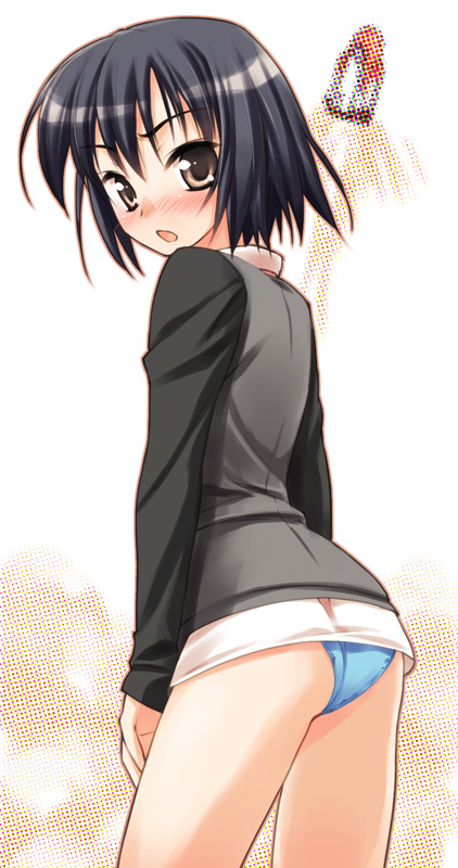 hoshizaki hikaru, nanasaki ai, amagami, 1girl, black hair, blue panties, blush, brown eyes, cowboy shot, female focus, looking back, no pants, open mouth, panties, short hair, solo, underwear