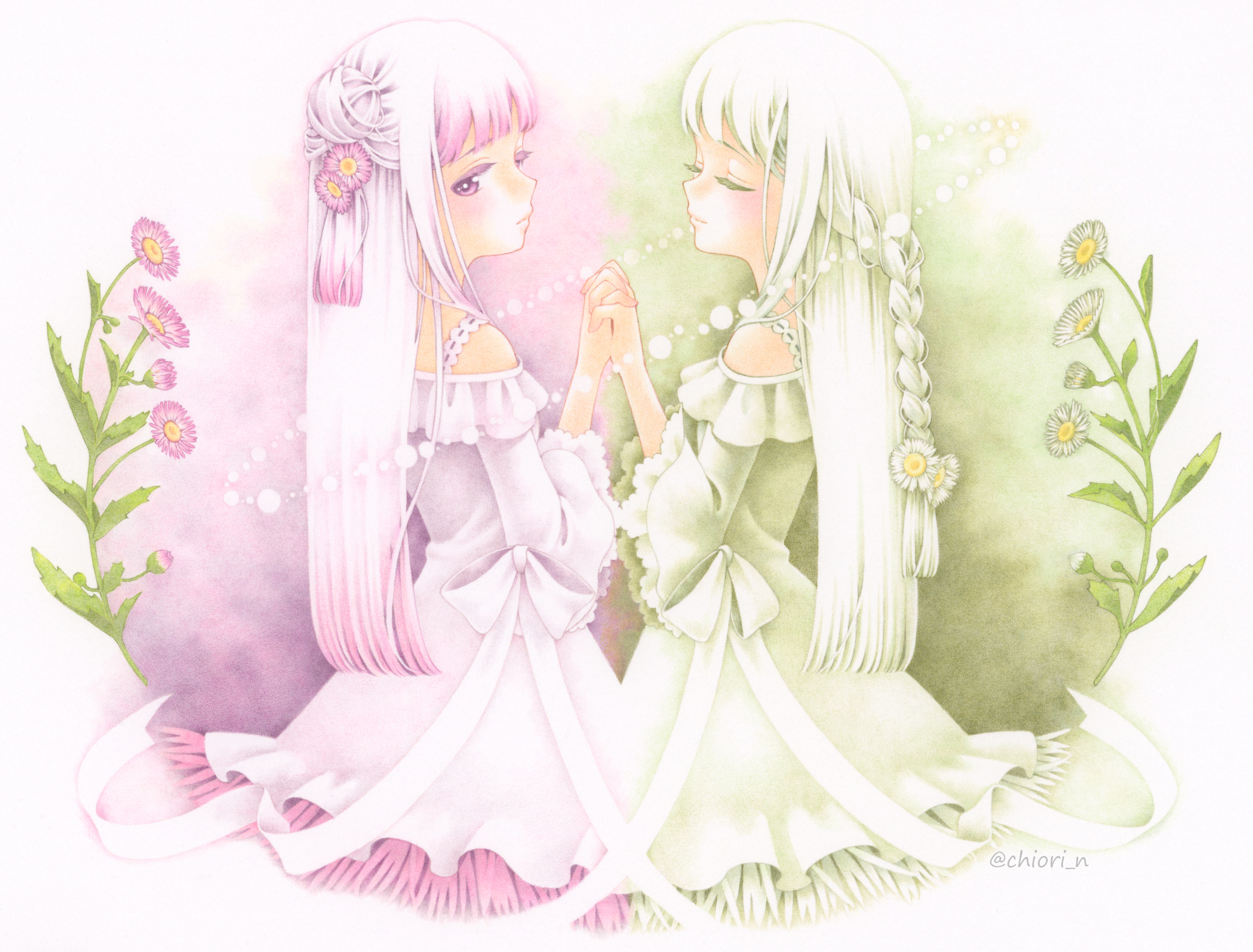 chiori n, original, absurdres, colored pencil (medium), commentary request, highres, traditional media, 2girls, bare shoulders, blush, braid, closed eyes, dandelion, dress, expressionless, flower, green hair, hair flower, hair ornament, holding hands, interlocked fingers, multiple girls, pink eyes, pink hair, siblings, twins