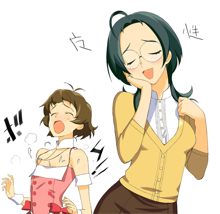 a1 (initial-g), akizuki ryo, okamoto manami, idolmaster, idolmaster dearly stars, 00s, ahoge, antenna hair, brown hair, crossdressing, cute & girly (idolmaster), glasses, open mouth, trap