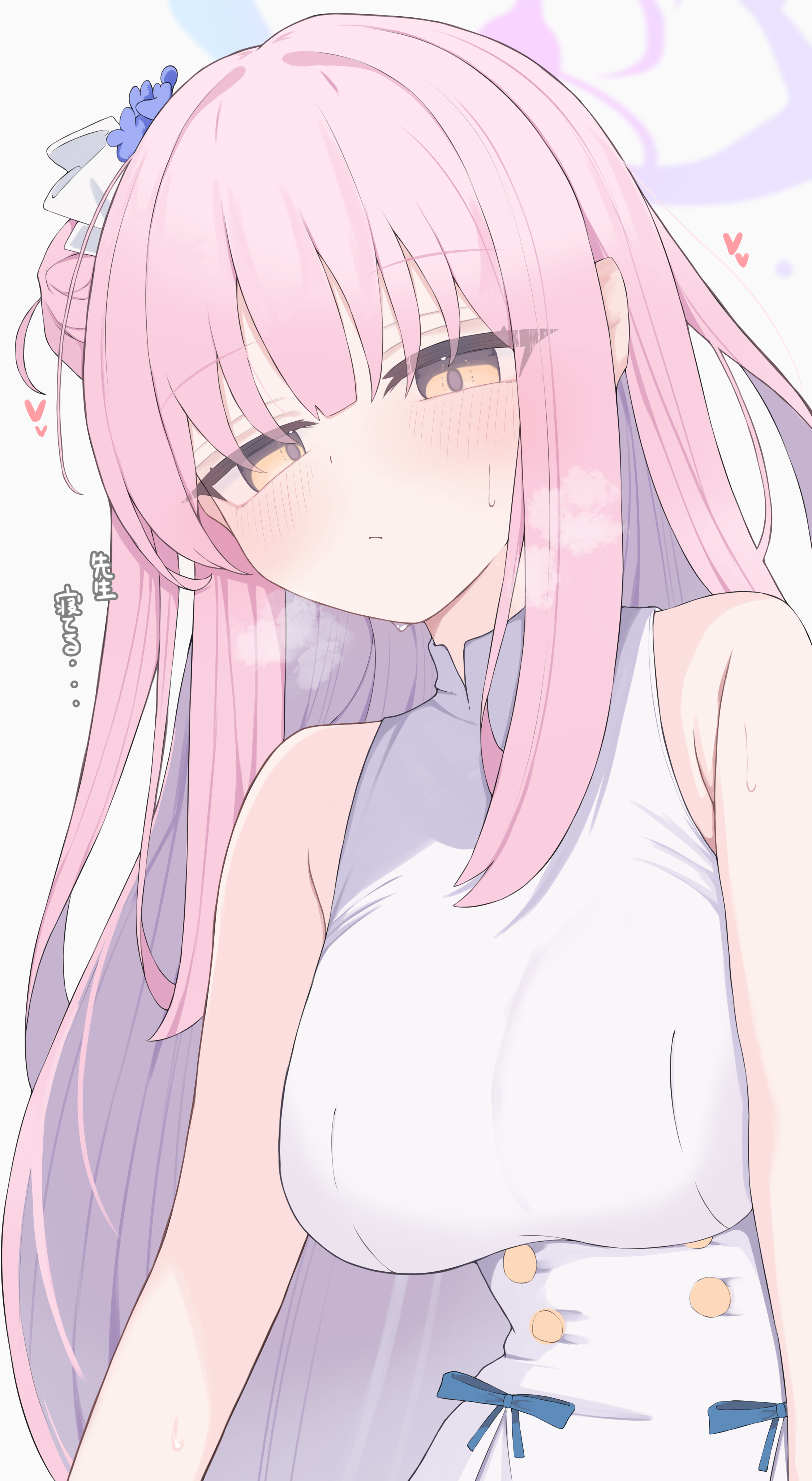 nui (nuinui0300), mika (blue archive), blue archive, absurdres, commentary, highres, variant set, 1girl, breasts, dress, hair bun, halo, large breasts, long hair, looking at viewer, pink hair, simple background, sleeveless, solo, white dress, yellow eyes