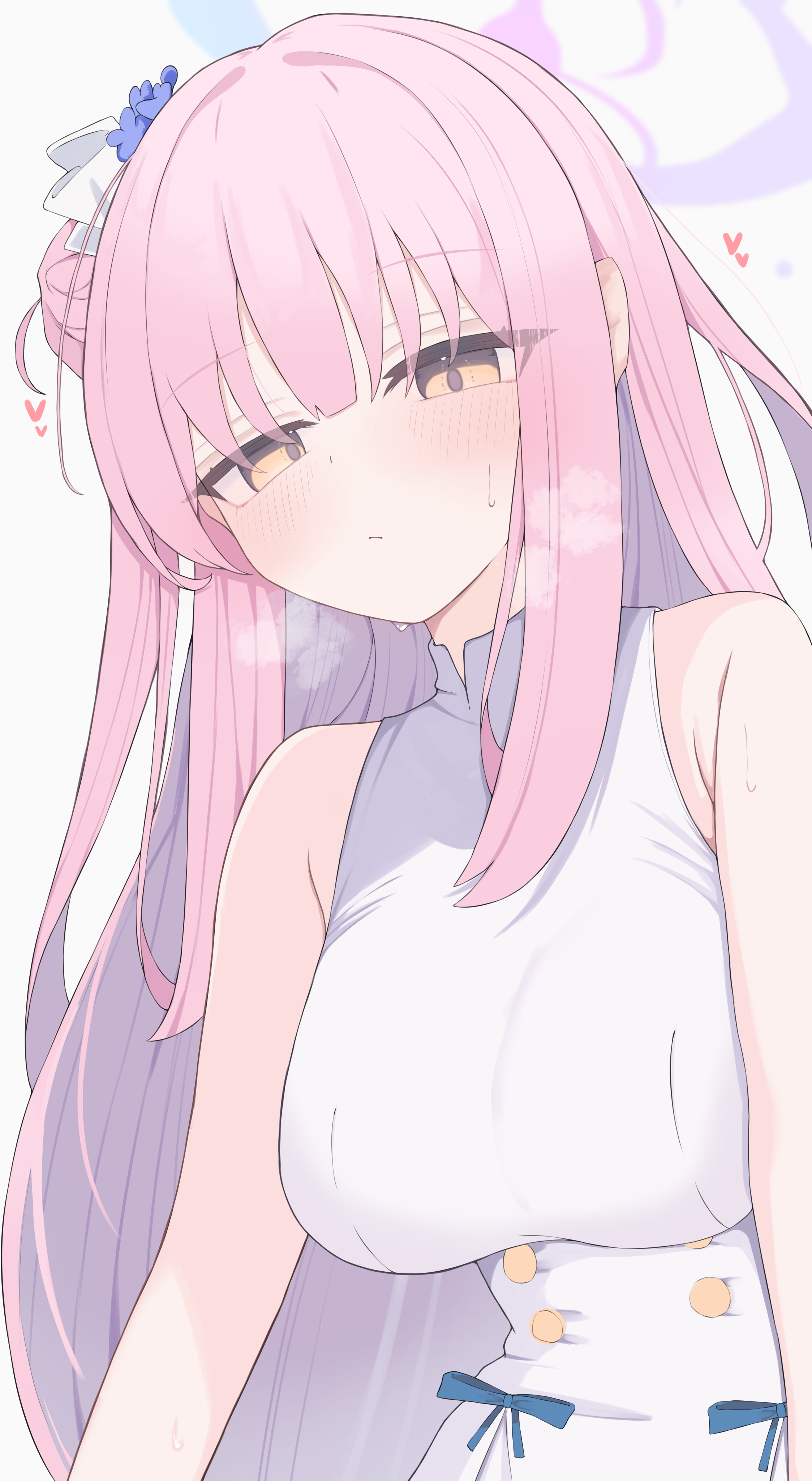 nui (nuinui0300), mika (blue archive), blue archive, absurdres, commentary, highres, variant set, 1girl, breasts, dress, hair bun, halo, large breasts, long hair, looking at viewer, pink hair, simple background, sleeveless, sleeveless dress, solo, white dress, yellow eyes