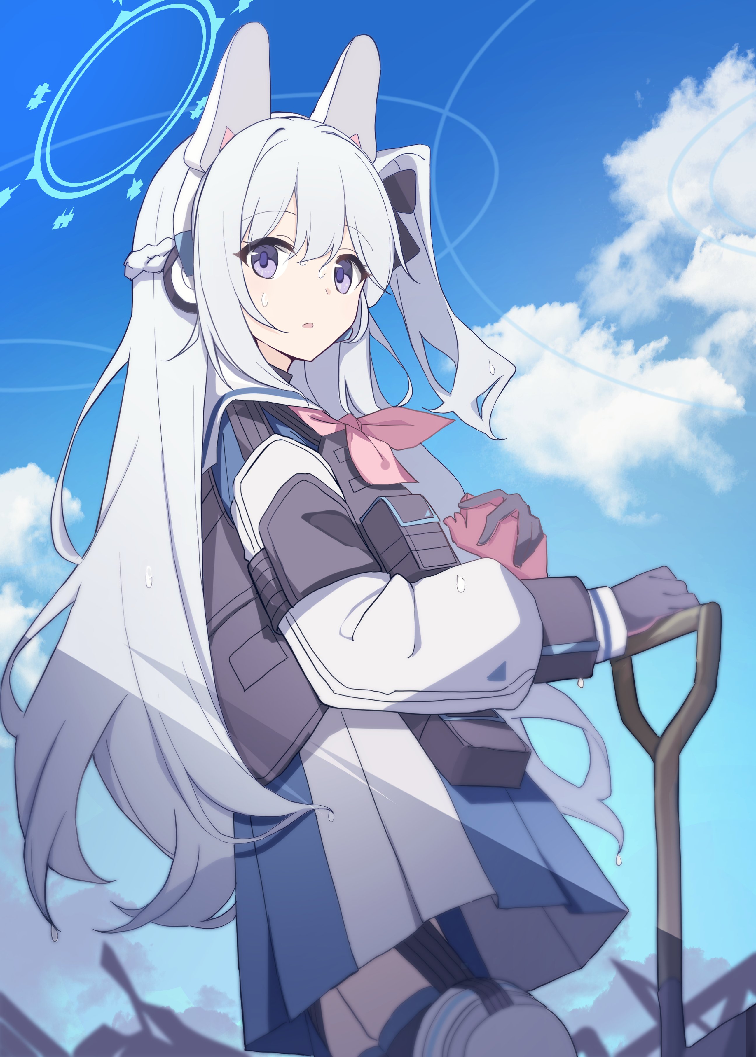 dice choco, miyako (blue archive), blue archive, absurdres, commentary, highres, 1girl, animal ear headphones, animal ears, black gloves, blue halo, blue skirt, blue sky, braid, bulletproof vest, cloud, cowboy shot, day, fake animal ears, from side, gloves, half up braid, halo, headphones, holding, holding phone, holding shovel, long hair, long sleeves, looking to the side, neckerchief, one side up, parted lips, phone, pink neckerchief, pleated skirt, pouch, purple eyes, rabbit ear headphones, rabbit ears, sailor collar, school uniform, shovel, skirt, sky, solo, sweat, tactical school uniform, white hair, white sailor collar