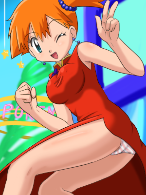 pokemoa, misty (pokemon), nintendo, pokemon, lowres, bow, earrings, jewelry, one eye closed, panties, striped clothes, striped panties, underwear, wink