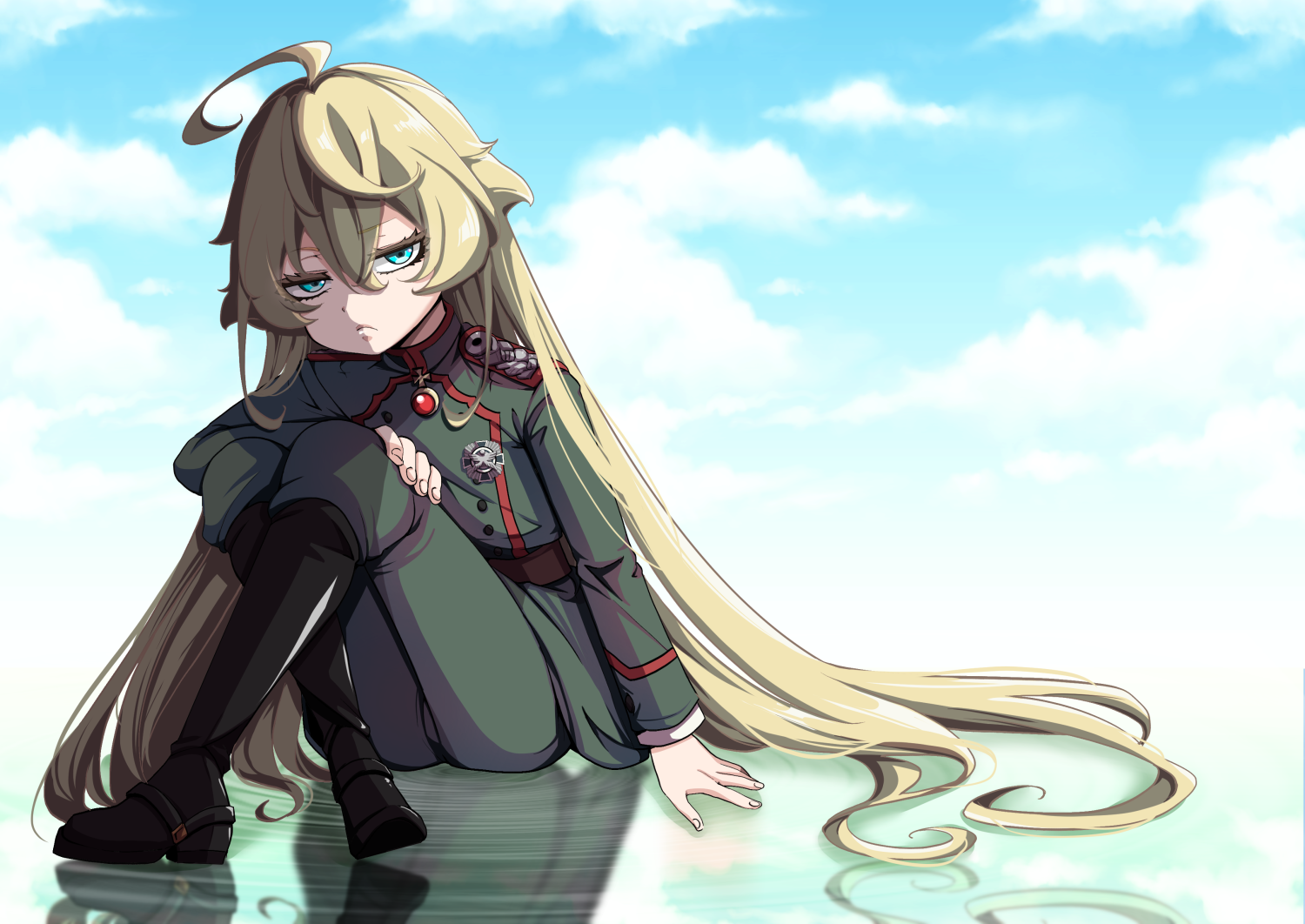 hal (goshujinomocha), tanya degurechaff, youjo senki, commentary request, 1girl, ahoge, alternate hairstyle, blonde hair, blue eyes, blue sky, boots, cloud, cloudy sky, crossed legs, day, fingernails, frown, green pants, long hair, long sleeves, looking at viewer, medal, military uniform, pants, shoulder boards, sitting, sky, solo, very long hair