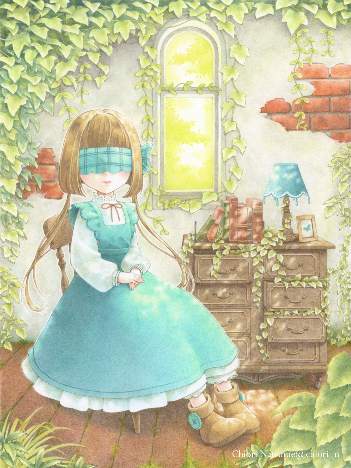 chiori n, original, colored pencil (medium), commentary request, highres, traditional media, 1girl, blindfold, boots, brown hair, chair, chest of drawers, doll, dress, facing viewer, full body, overgrown, sitting, solo, twintails