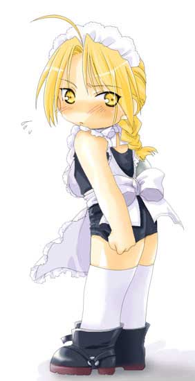 edward elric, fullmetal alchemist, 00s, antenna hair, blonde hair, blush, chibi, crossdressing, maid, ribbon, solo, trap