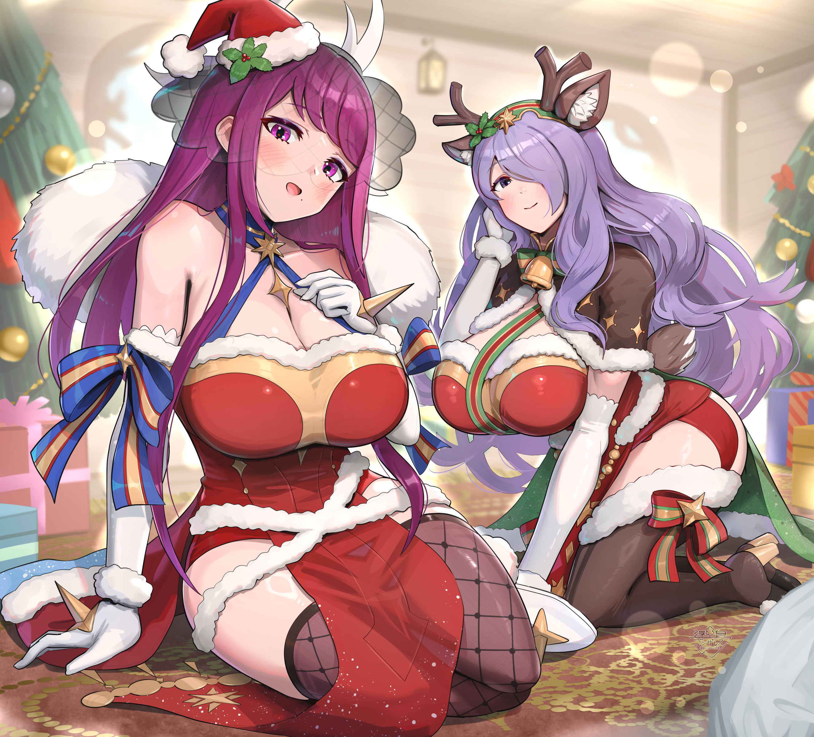 gonzarez, camilla (fire emblem), camilla (flurry embrace) (fire emblem), ivy (fire emblem), ivy (flurry embrace) (fire emblem), fire emblem, fire emblem engage, fire emblem fates, fire emblem heroes, nintendo, absurdres, commentary request, highres, 2girls, :d, adjusting hair, animal ears, antlers, bare shoulders, blush, breasts, brown capelet, capelet, cleavage, closed mouth, collarbone, deer ears, dress, elbow gloves, fake animal ears, fake antlers, fur-trimmed capelet, fur-trimmed dress, fur trim, gloves, hair over one eye, hand on own chest, hand up, hat, headband, heart, horns, huge breasts, long hair, looking at viewer, mole, mole under mouth, multiple girls, official alternate costume, open mouth, purple eyes, purple hair, red dress, reindeer antlers, santa costume, santa dress, santa hat, see-through clothes, see-through veil, simple background, skindentation, smile, solo, thick thighs, thighhighs, thighs, veil, very long hair, wavy hair, white background, white gloves