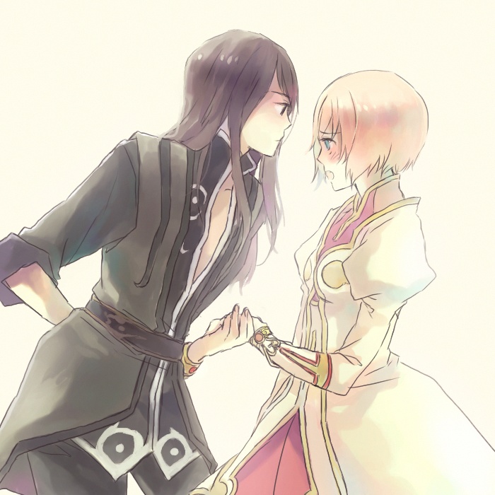 karua (teikiatsugirl), estellise sidos heurassein, yuri lowell, tales of (series), tales of vesperia, 00s, 1boy, 1girl, black eyes, black hair, blue eyes, blush, bracelet, couple, jewelry, long hair, open mouth, pink hair, short hair