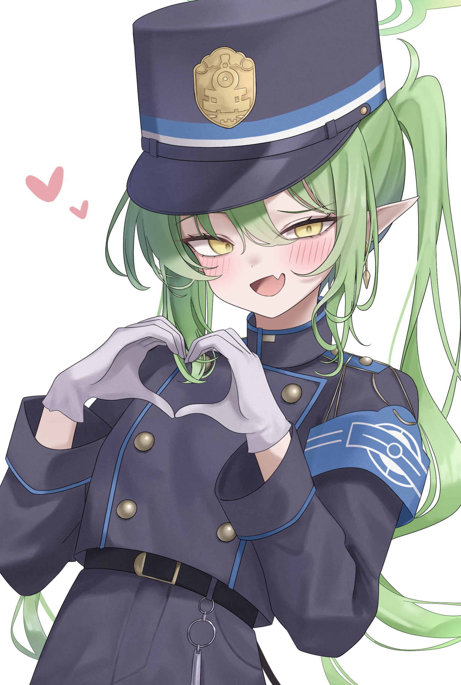 non non427, nozomi (blue archive), blue archive, commentary, highres, 1girl, armband, belt, black belt, black hat, black jacket, black pants, blue armband, blue trim, blush, buttons, double-breasted, earrings, fang, gloves, green hair, green halo, hair between eyes, half-closed eyes, halo, hat, heart, heart hands, jacket, jewelry, long hair, looking at viewer, pants, peaked cap, pointy ears, skin fang, solo, twintails, whistle, white background, white gloves, yellow eyes