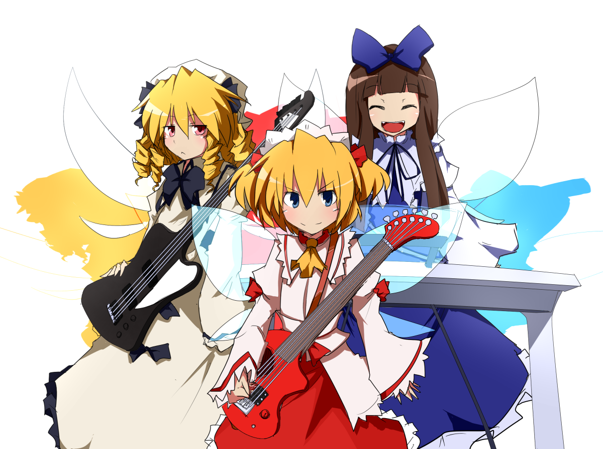 taniya, taniya raku, luna child, star sapphire, sunny milk, touhou, yousei daisensou, 3girls, bass guitar, black hair, blonde hair, blue eyes, bow, dress, fairy wings, female focus, gibson thunderbird, guitar, hair bow, hat, instrument, keyboard, keyboard (instrument), multiple girls, orange hair, red eyes, smile, wings