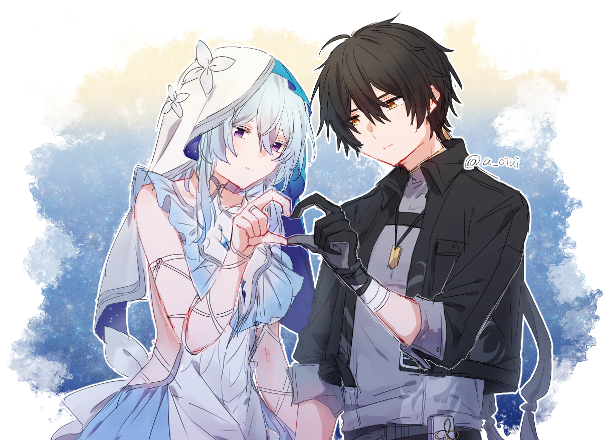 a oiui, male rover (wuthering waves), rover (wuthering waves), shorekeeper (wuthering waves), wuthering waves, commentary request, 1boy, 1girl, artist name, black gloves, black hair, black jacket, black pants, blue dress, blue hair, closed mouth, dress, gloves, grey shirt, heart, heart hands, heart hands duo, jacket, jewelry, long hair, looking at another, looking at viewer, pants, purple eyes, red eyes, ring, shirt, short hair, veil, white veil