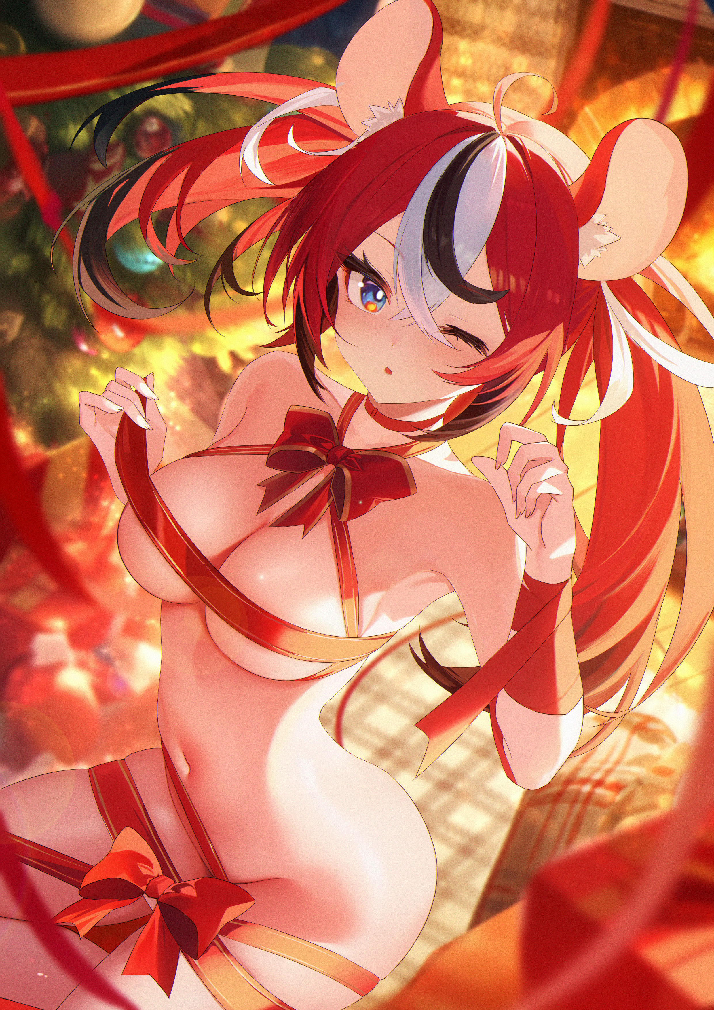 jiang ye kiri, hakos baelz, hololive, hololive english, absurdres, commentary, english commentary, highres, 1girl, ;o, animal ear fluff, animal ears, blue eyes, bow, breasts, choker, christmas, christmas tree, hands up, large breasts, looking at viewer, mouse ears, mouse girl, mouse tail, multicolored hair, naked ribbon, navel, one eye closed, parted lips, red bow, red choker, red hair, red ribbon, ribbon, solo, stomach, streaked hair, tail, twintails, virtual youtuber