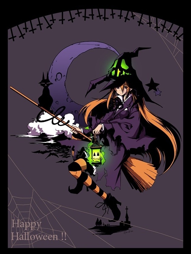 akiyama nenehisa, original, 1girl, broom, female focus, grey background, halloween, happy halloween, hat, lantern, moon, solo, striped clothes, striped thighhighs, thighhighs, witch hat