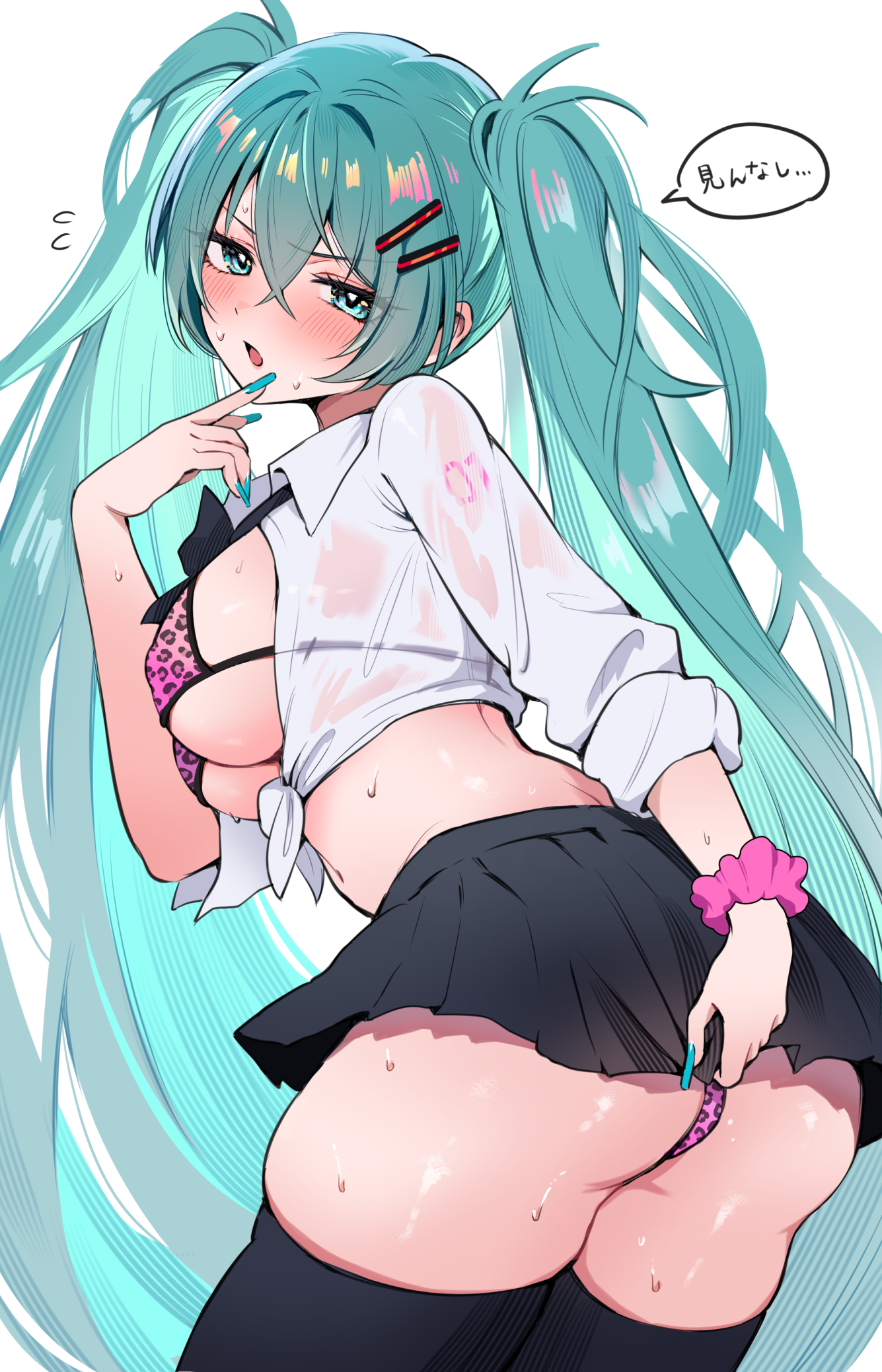 enipa 28, hatsune miku, vocaloid, commentary request, highres, 1girl, animal print, aqua eyes, aqua hair, aqua nails, bikini, black skirt, black thighhighs, blush, bow, bowtie, breasts, collared shirt, cowboy shot, crop top, embarrassed, from behind, front-tie top, gyaru, hair between eyes, hair ornament, hairclip, hand up, kogal, large breasts, leopard print, long hair, long sleeves, looking at viewer, looking back, midriff, miniskirt, nail polish, navel, open mouth, pink bikini, pleated skirt, scrunchie, shirt, sideboob, simple background, skindentation, skirt, solo, speech bubble, stomach, string bikini, sweat, swimsuit, thick thighs, thighhighs, thighs, twintails, v-shaped eyebrows, very long hair, white background, white shirt, wrist scrunchie
