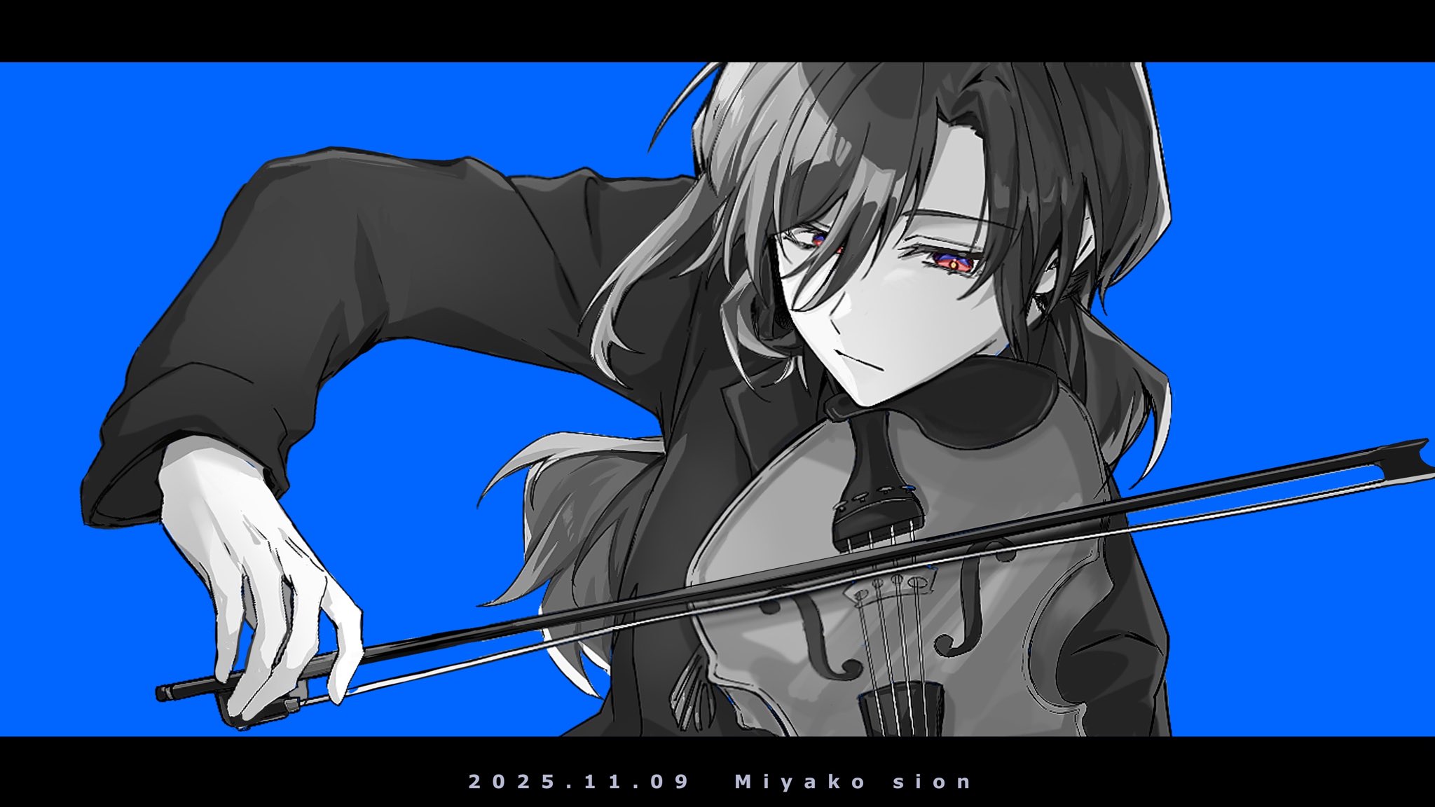 original, highres, 1boy, :/, black border, blue background, border, bow (music), closed mouth, curtained hair, dated, expressionless, greyscale with colored background, hair between eyes, holding, holding bow (music), holding instrument, holding violin, instrument, kaede yomikata, letterboxed, long hair, long sleeves, low ponytail, male focus, music, pink eyes, playing instrument, ponytail, shirt, sideways glance, simple background, solo, spot color, upper body, violin