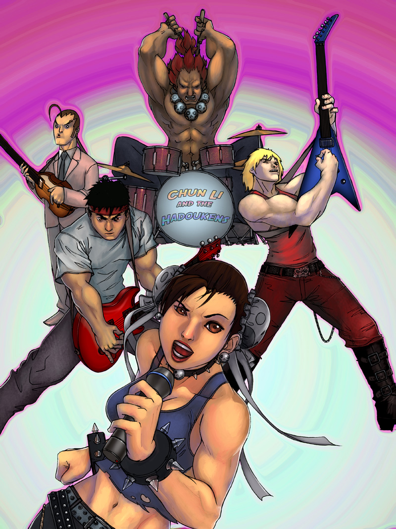 angryzenmaster, akuma (street fighter), chun-li, hibiki dan, ken masters, ryu (street fighter), capcom, street fighter, 1girl, 4boys, abs, ahoge, bass guitar, black hair, blonde hair, bracelet, brown eyes, brown hair, bun cover, chain, double bun, drum, earrings, fender stratocaster, gibson flying v, guitar, headband, instrument, jewelry, multiple boys, muscular, navel, red hair, skull, spiked bracelet, spikes