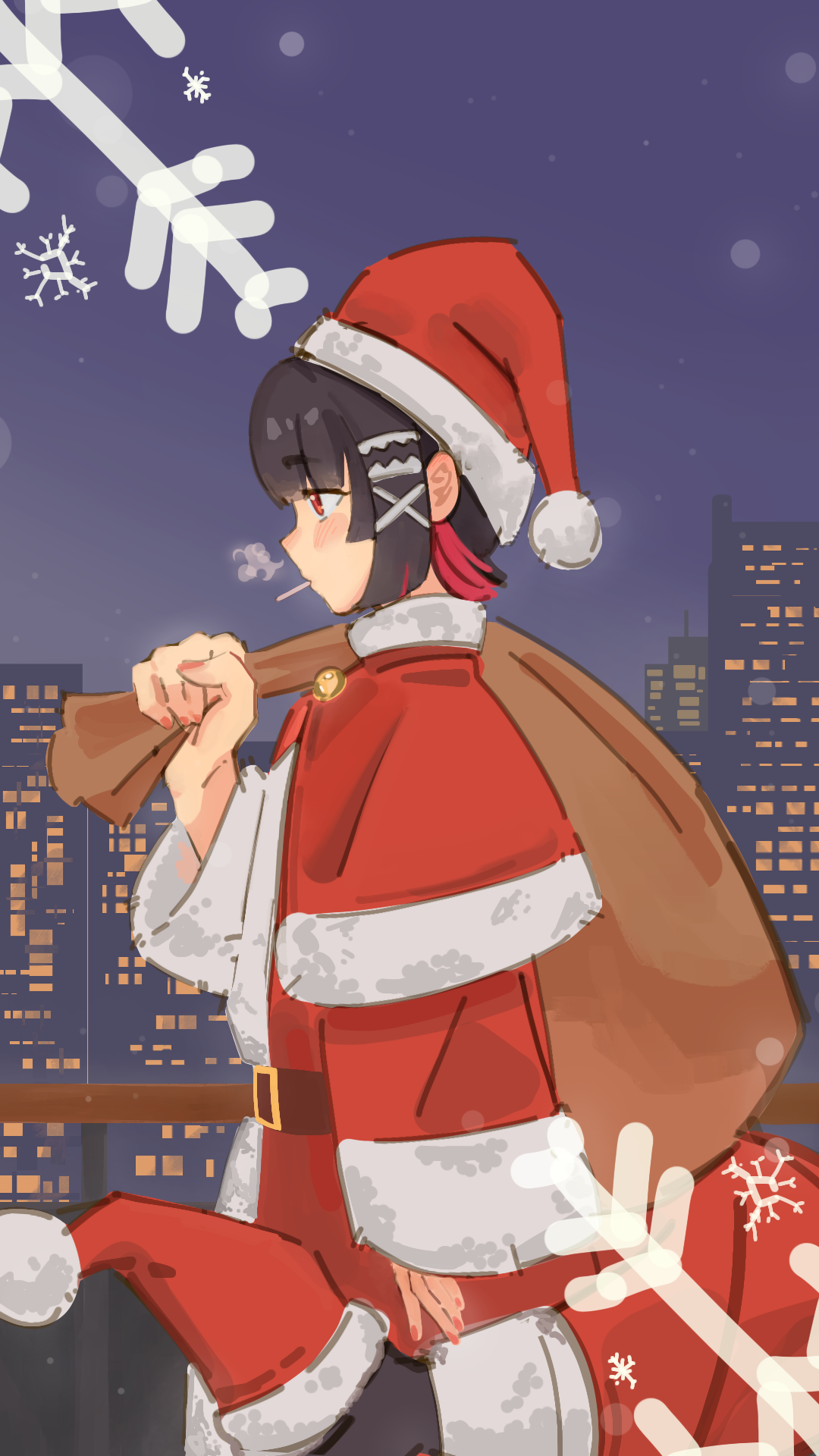 ellen joe, zenless zone zero, commentary, english commentary, highres, 1girl, alternate costume, black hair, blush, breath, candy, capelet, city, colored inner hair, fins, fish tail, food, from side, fur-trimmed capelet, fur-trimmed headwear, fur-trimmed jacket, fur trim, hat, hat on tail, holding, holding sack, jacket, lollipop, lollipop in mouth, mole, mole under eye, multicolored hair, night, outdoors, pom pom (clothes), razor blade hair ornament, red capelet, red eyes, red hat, red jacket, red nails, sack, santa costume, santa hat, scar, scar on tail, shark girl, shark tail, short hair, snowflakes, solo, tail, upper body, winter, yatta puvuk