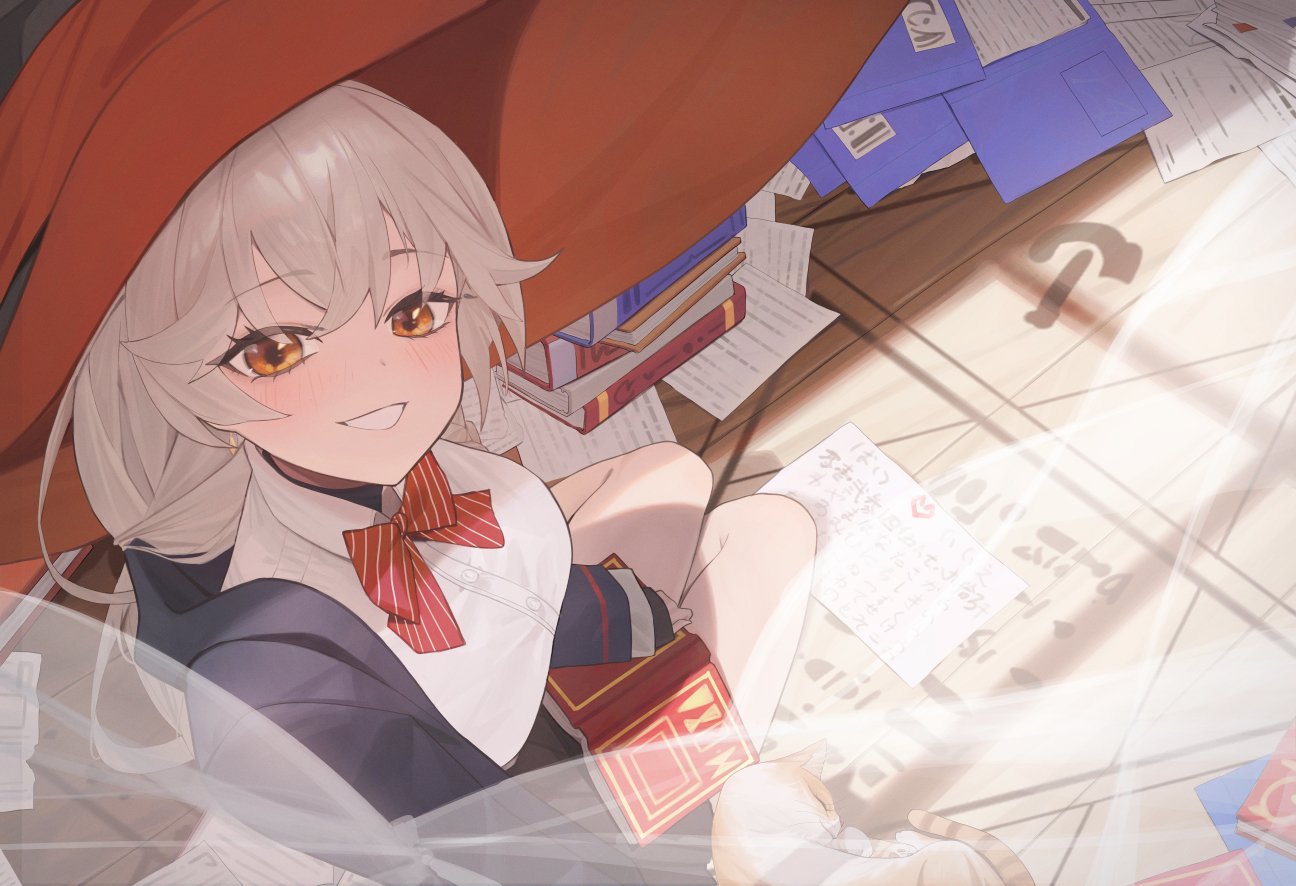 ne.corn, eri (blue archive), blue archive, commentary request, 1girl, black robe, blush, book, bow, braid, breasts, closed eyes, closed mouth, collared shirt, grey hair, hair between eyes, halo, hat, holding, holding book, indoors, jewelry, large breasts, long hair, long sleeves, paper, red bow, robe, shirt, sitting, sleeves past wrists, smile, striped bow, very long hair, white shirt, wide sleeves, witch hat