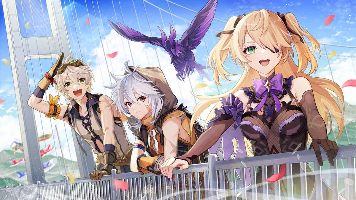 con potata, bennett (genshin impact), fischl (genshin impact), oz (genshin impact), razor (genshin impact), genshin impact, commentary request, 1girl, 2boys, black nails, blonde hair, bow, bowtie, breasts, brown gloves, brown hood, brown shirt, brown sleeves, eyepatch, gloves, goggles, goggles on head, green eyes, grey hair, guest art, hair between eyes, hair over one eye, hood, hood up, long hair, medium breasts, multiple boys, open mouth, purple bow, purple bowtie, red eyes, scar, scar on arm, shirt, short hair, single glove, smile, two side up, white hair