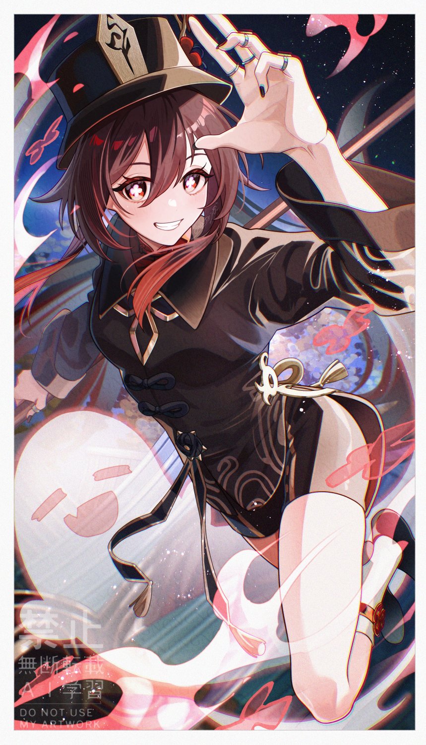 con potata, boo tao (genshin impact), hu tao (genshin impact), genshin impact, commentary request, highres, 1girl, black hat, brown hair, brown shirt, brown shorts, flower-shaped pupils, hair between eyes, hat, long hair, long sleeves, red eyes, shirt, shorts, smile, solo, symbol-shaped pupils, teeth