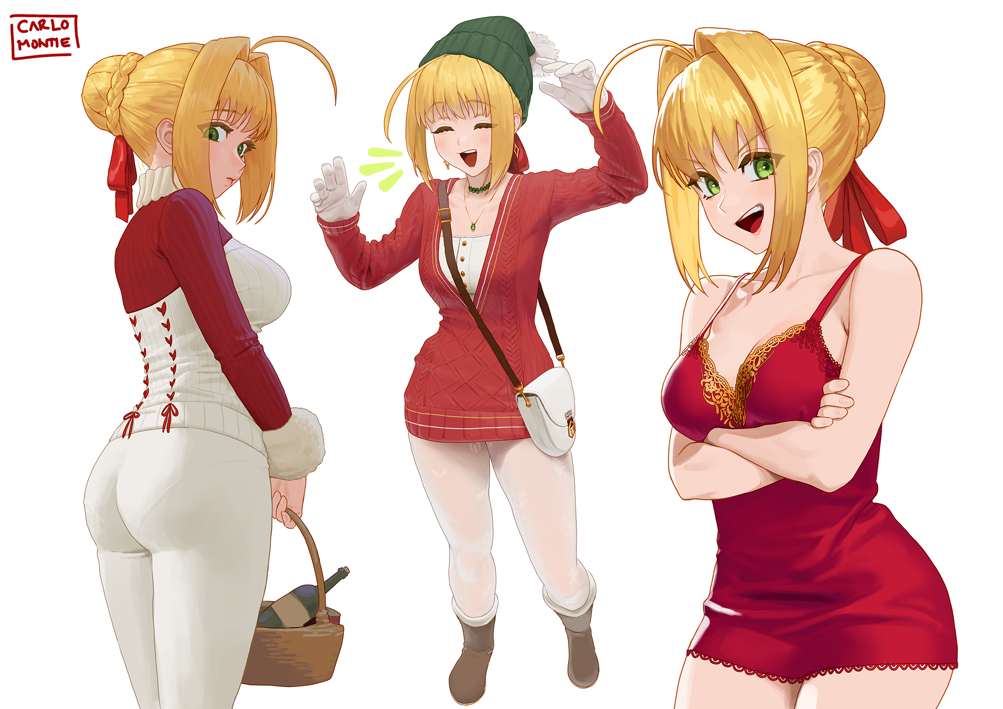 carlo montie, nero claudius (fate), fate/extra, fate (series), commentary, english commentary, highres, 1girl, ahoge, alternate costume, ass, basket, beanie, braid, breasts, closed eyes, closed mouth, cropped legs, crossed arms, crown braid, dress, full body, gloves, green hat, hair intakes, hat, long hair, looking at another, looking at viewer, looking back, open mouth, pants, pantylines, red dress, red sweater, shirt, simple background, smile, standing, sweater, teeth, tongue, upper teeth only, white gloves, white pants, white shirt