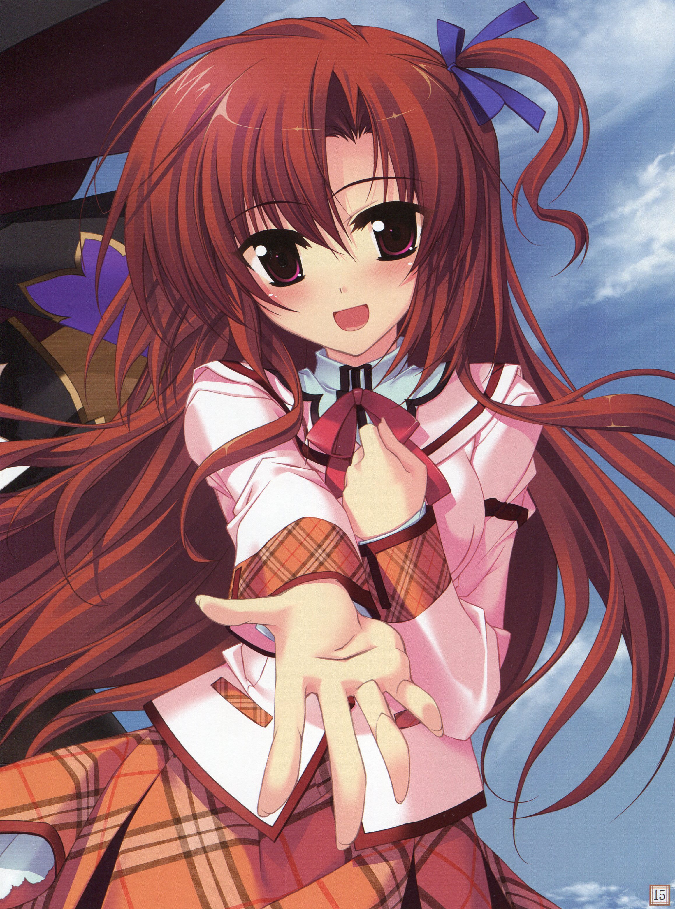 minazuki haruka, amami mikage, sakura tale, absurdres, bad id, bad yandere id, highres, 1girl, brown hair, female focus, long hair, pink eyes, plaid clothes, plaid skirt, school uniform, skirt, solo