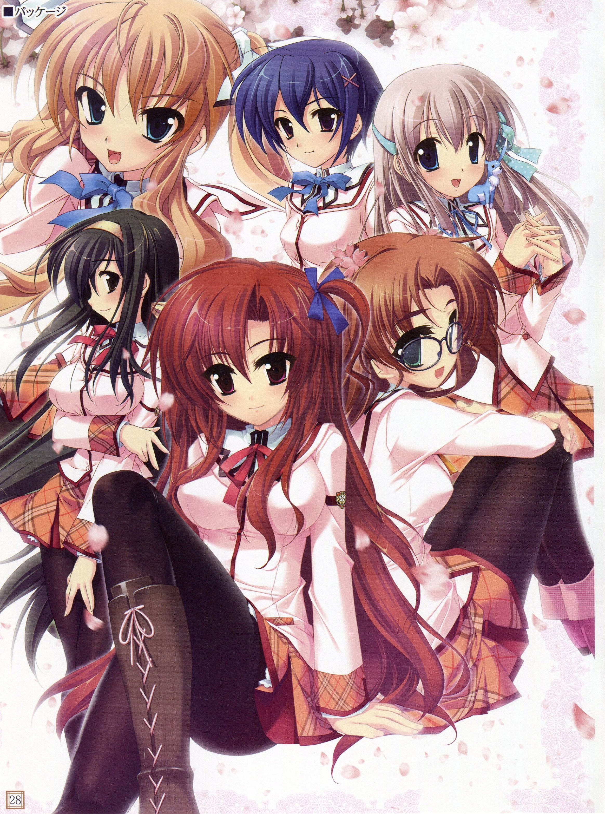 aiba tomono, amami mikage, kaoruko livingstone, lydie de le fehver, miwa fuzuki, wakaba rinko, sakura tale, silver hair, absurdres, highres, 6+girls, aqua eyes, black hair, black pantyhose, blonde hair, blue eyes, blue hair, brown hair, ferret, glasses, green eyes, hair bobbles, hair ornament, hair ribbon, long hair, miwa fuduki, multiple girls, pantyhose, pink eyes, plaid clothes, plaid skirt, red hair, ribbon, school uniform, serafuku, short hair, skirt, snow