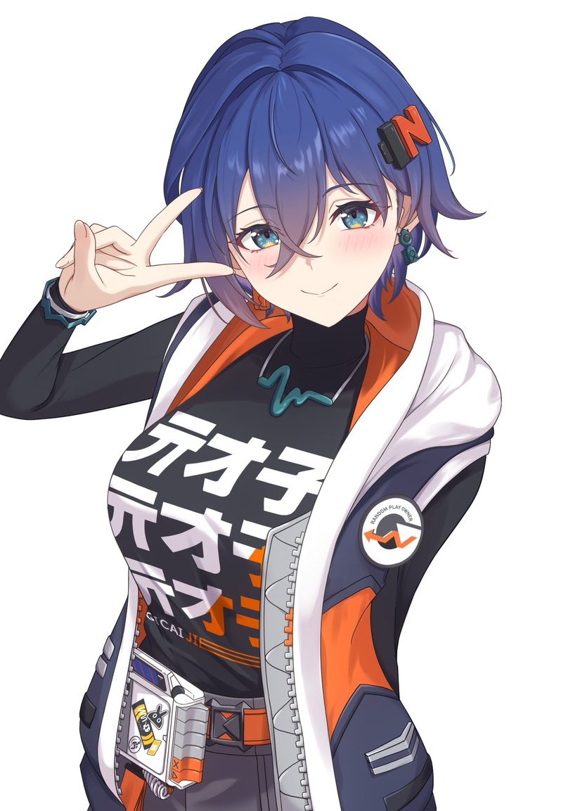 vic 1223, belle (zenless zone zero), zenless zone zero, commentary request, 1girl, black shirt, blue eyes, blue hair, bracelet, breasts, closed mouth, crossed bangs, earrings, hair between eyes, hair ornament, head tilt, hood, hooded jacket, jacket, jewelry, large breasts, letter hair ornament, looking at viewer, print shirt, shirt, short hair, simple background, sleeveless, sleeveless jacket, smile, solo, upper body, v, white background