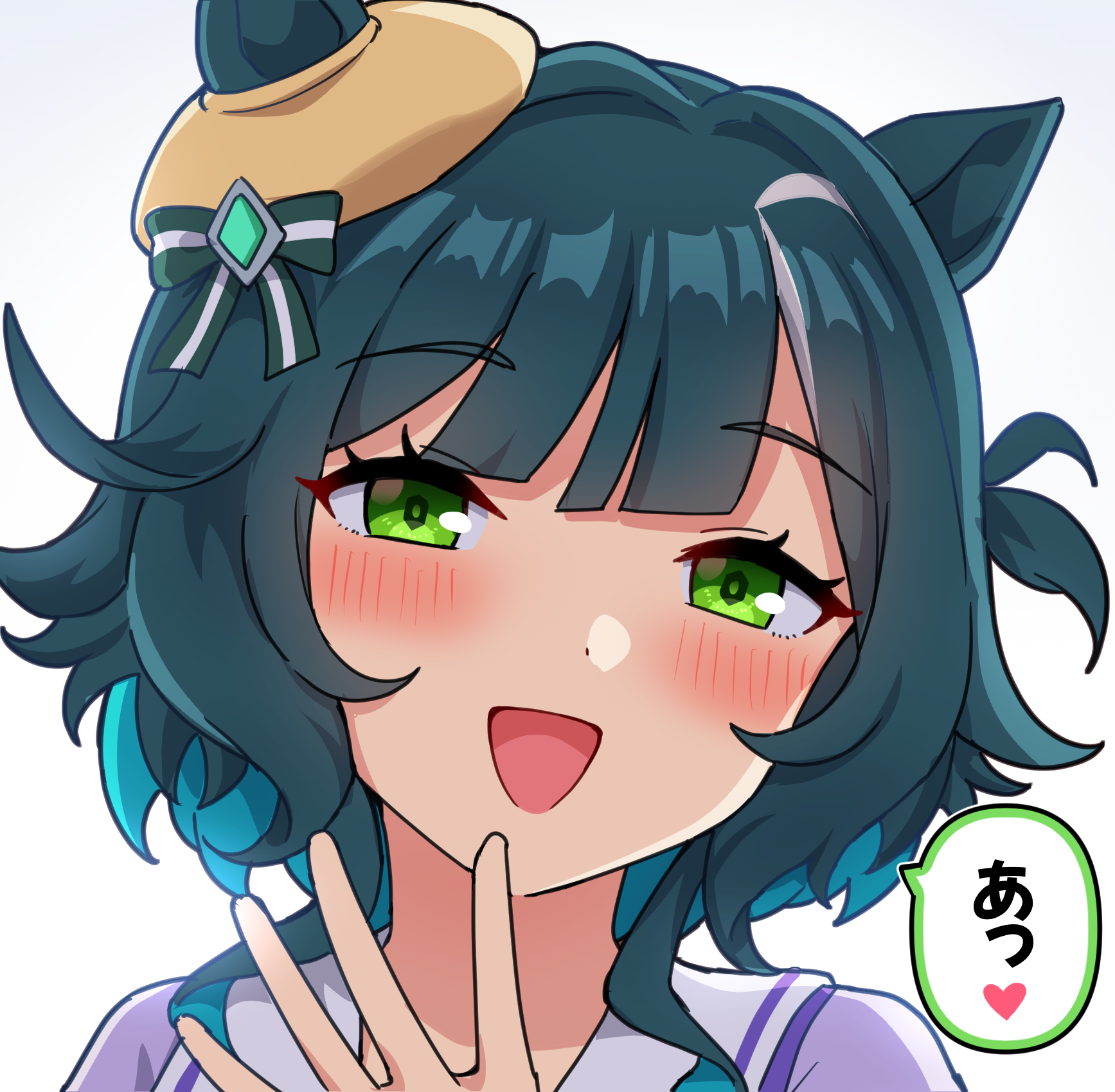 takiki, umamusume, commentary, commentary request, highres, 1girl, animal ears, asymmetrical bangs, blunt bangs, bow, ears through headwear, gem, green bow, green eyes, green gem, green hair, hair intakes, head tilt, hexagon-shaped pupils, horse ears, horse girl, kiseki (umamusume), looking at viewer, medium hair, multicolored hair, sailor collar, school uniform, solo, summer, summer uniform, symbol-shaped pupils, tracen school uniform, white sailor collar, white streaks, yellow beret