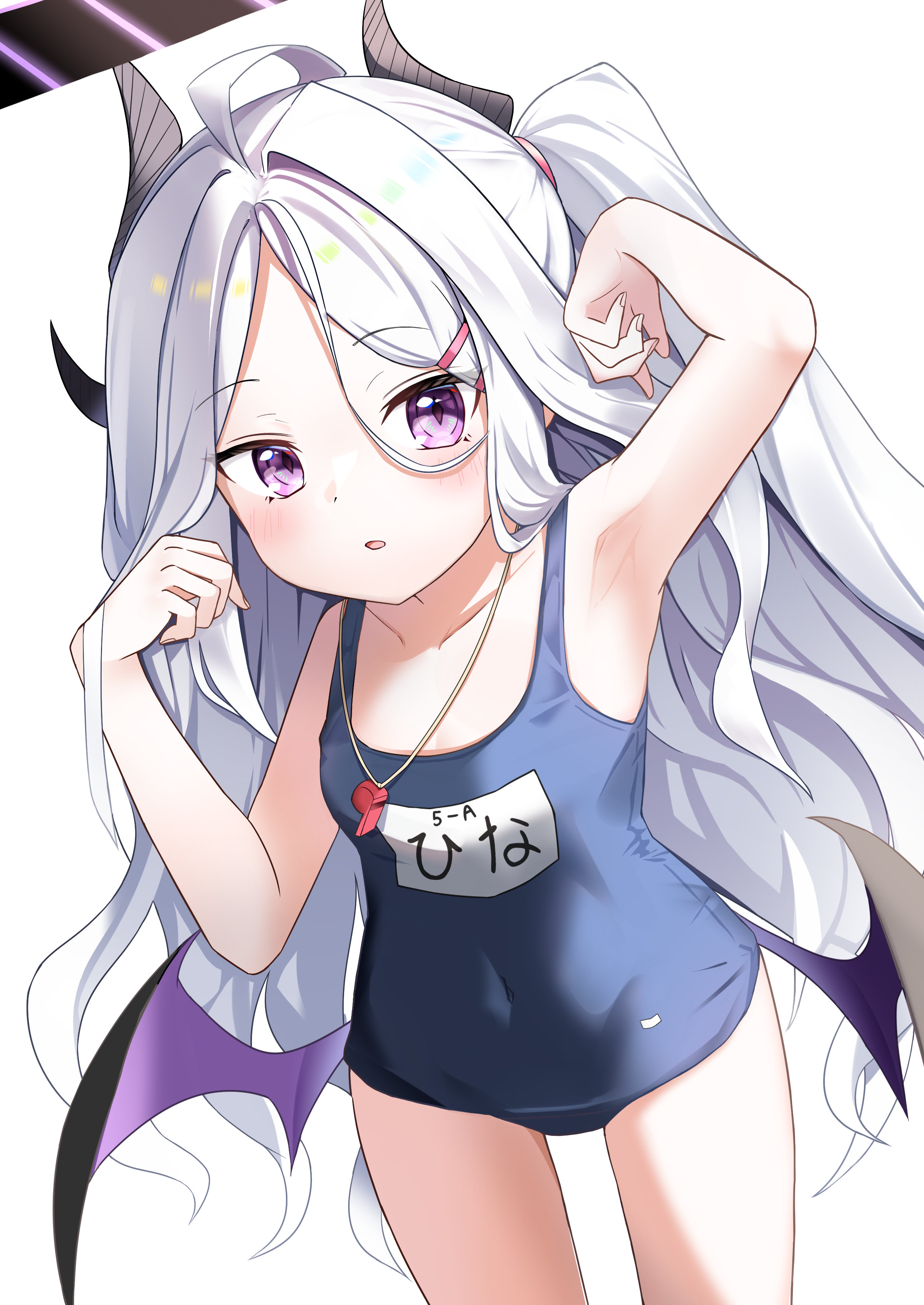 naoya (naoya ee), hina (blue archive), hina (swimsuit) (blue archive), blue archive, absurdres, commentary request, highres, 1girl, ahoge, armpits, black halo, blush, breasts, demon girl, demon horns, demon wings, halo, horns, long hair, looking at viewer, low wings, old school swimsuit, presenting armpit, purple eyes, school swimsuit, simple background, small breasts, solo, swimsuit, very long hair, white background, white hair, wings