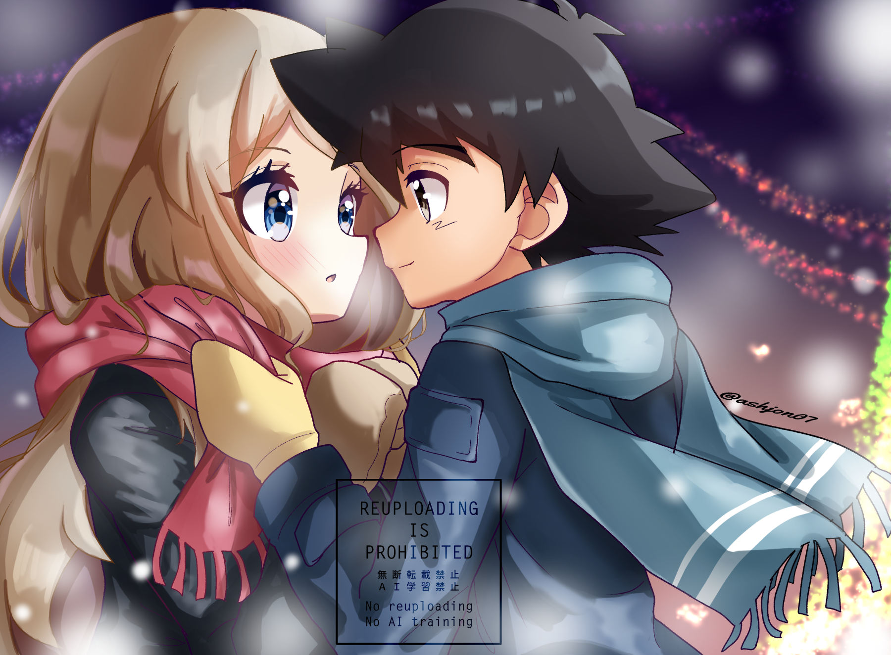 ashujou, ash ketchum, serena (pokemon), nintendo, pokemon, pokemon (anime), pokemon xy (anime), commentary request, highres, 1boy, 1girl, alternate costume, black eyes, black hair, black jacket, blonde hair, blue eyes, blue jacket, blue scarf, blush, brown mittens, christmas tree, closed mouth, jacket, looking at another, mittens, open mouth, outdoors, pink scarf, scarf, smile, yellow mittens