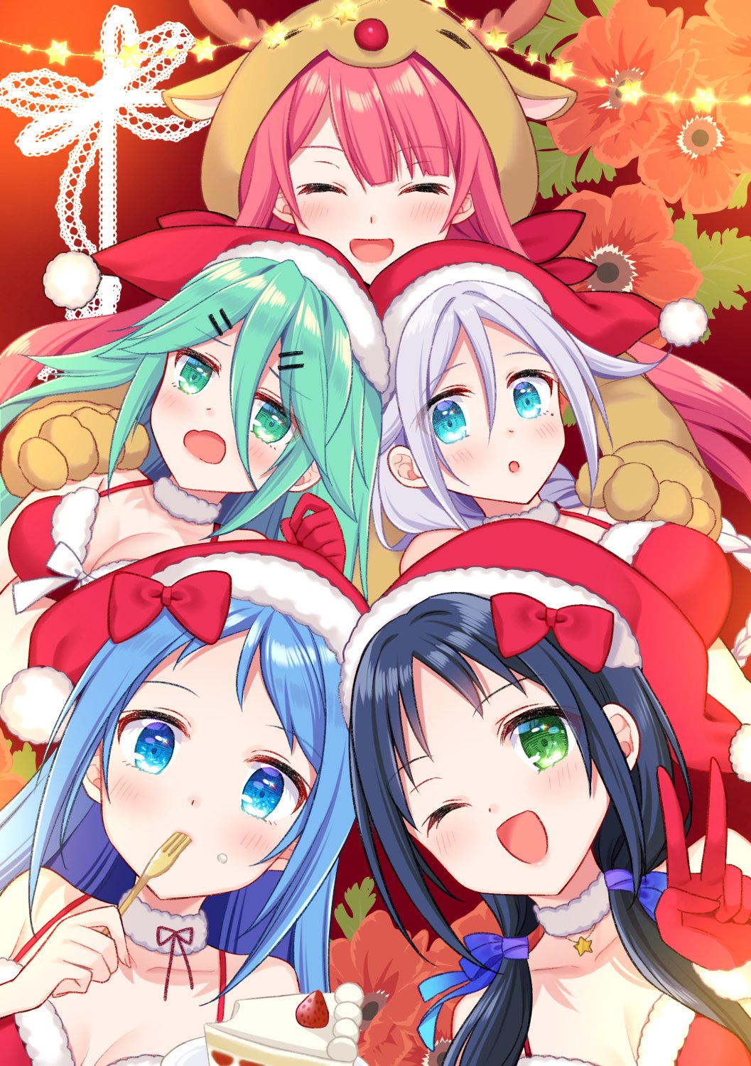 ringo sui, kawakaze (kancolle), samidare (kancolle), suzukaze (kancolle), umikaze (kancolle), yamakaze (kancolle), kantai collection, commentary request, highres, 4girls, animal costume, bikini, blue hair, fur-trimmed bikini top, fur trim, green hair, grey hair, hat, multiple girls, red bikini, red hair, red hat, reindeer costume, santa hat, smile, swimsuit, upper body