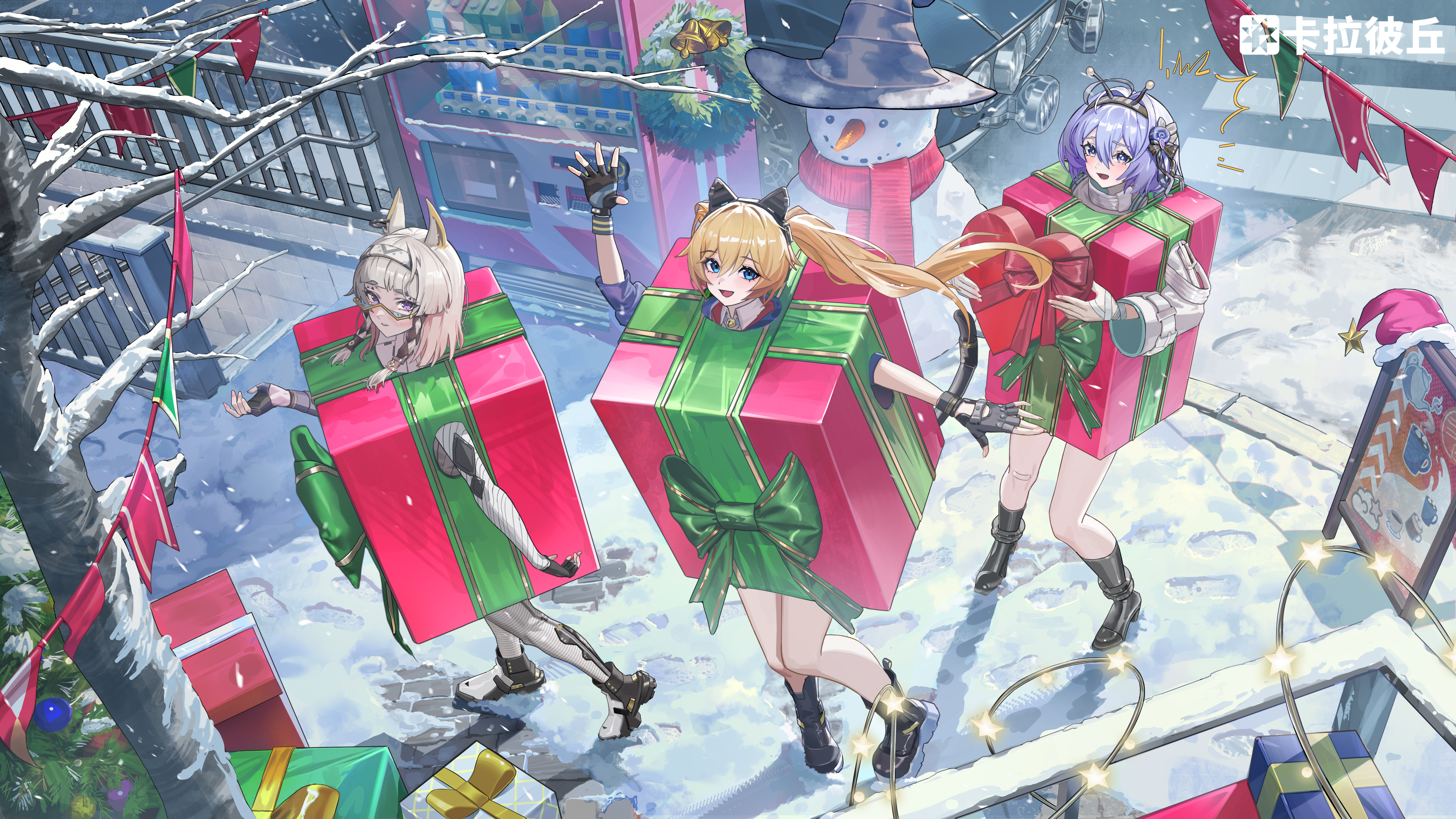 meredith (strinova), michele (strinova), yugiri (strinova), strinova, absurdres, artist request, chinese commentary, commentary request, highres, official art, 3girls, animal ears, antennae, black gloves, black shoes, blonde hair, blue eyes, blue hair, box, cat ears, christmas, copyright name, day, fake animal ears, fake tail, fingerless gloves, gift, gift box, glasses, gloves, long hair, looking at viewer, multiple girls, open mouth, outdoors, purple eyes, shoes, short hair, smile, snail hair ornament, snow, snowman, standing, string of flags, tail, twintails, vending machine, walking, watermark, waving