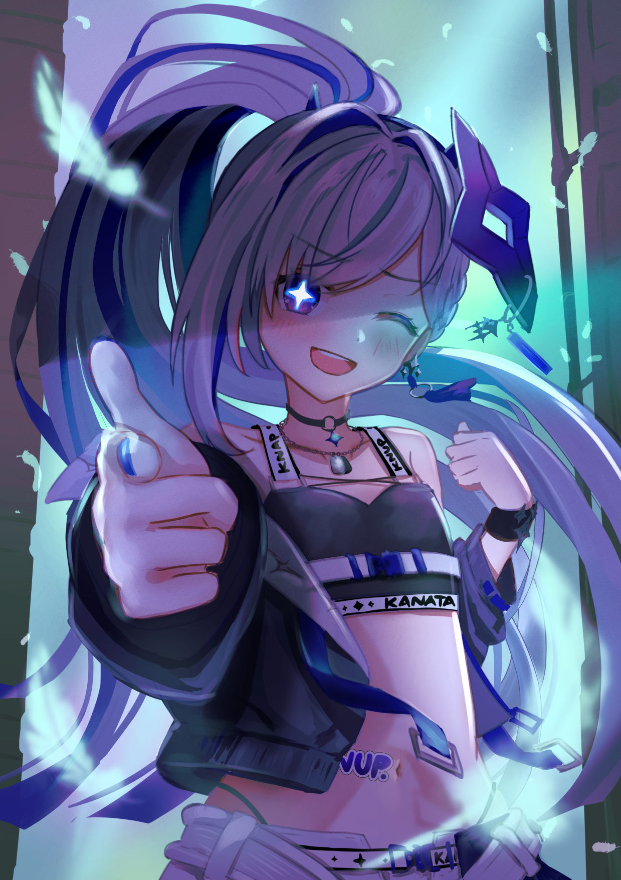 yuri arata, amane kanata, amane kanata (lock on), hololive, commentary request, highres, 1girl, bare shoulders, black choker, black jacket, black sports bra, blue hair, blue halo, blush, breasts, choker, collarbone, crossed bangs, earrings, gradient hair, grey hair, hair between eyes, halo, heart, jacket, jewelry, long hair, looking at viewer, looking up, mini wings, multicolored hair, multicolored wings, navel, necklace, o-ring, o-ring choker, official alternate costume, one eye closed, parted bangs, parted lips, pointing, pointing at viewer, purple eyes, single earring, single hair intake, small breasts, smile, solo, sparkling eyes, sports bra, star halo, sticker on stomach, stomach, virtual youtuber, white hair, wings