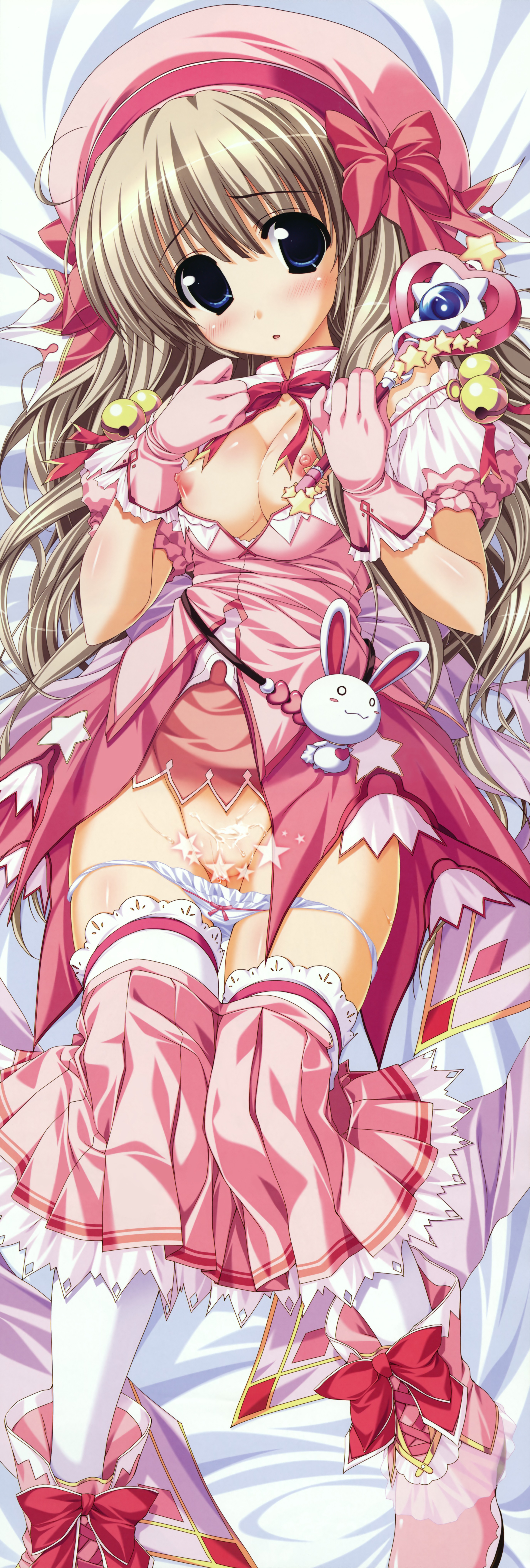 oshiki hitoshi, daikan'yama sumire, suzunone seven, absurdres, highres, long image, tall image, 1girl, blonde hair, blue eyes, breasts, censored, clothes pull, cum, dakimakura (medium), female focus, long hair, nipples, no bra, no pussy, panties, panty pull, skirt, skirt pull, solo, thighhighs, underwear, very long hair, wand, white thighhighs