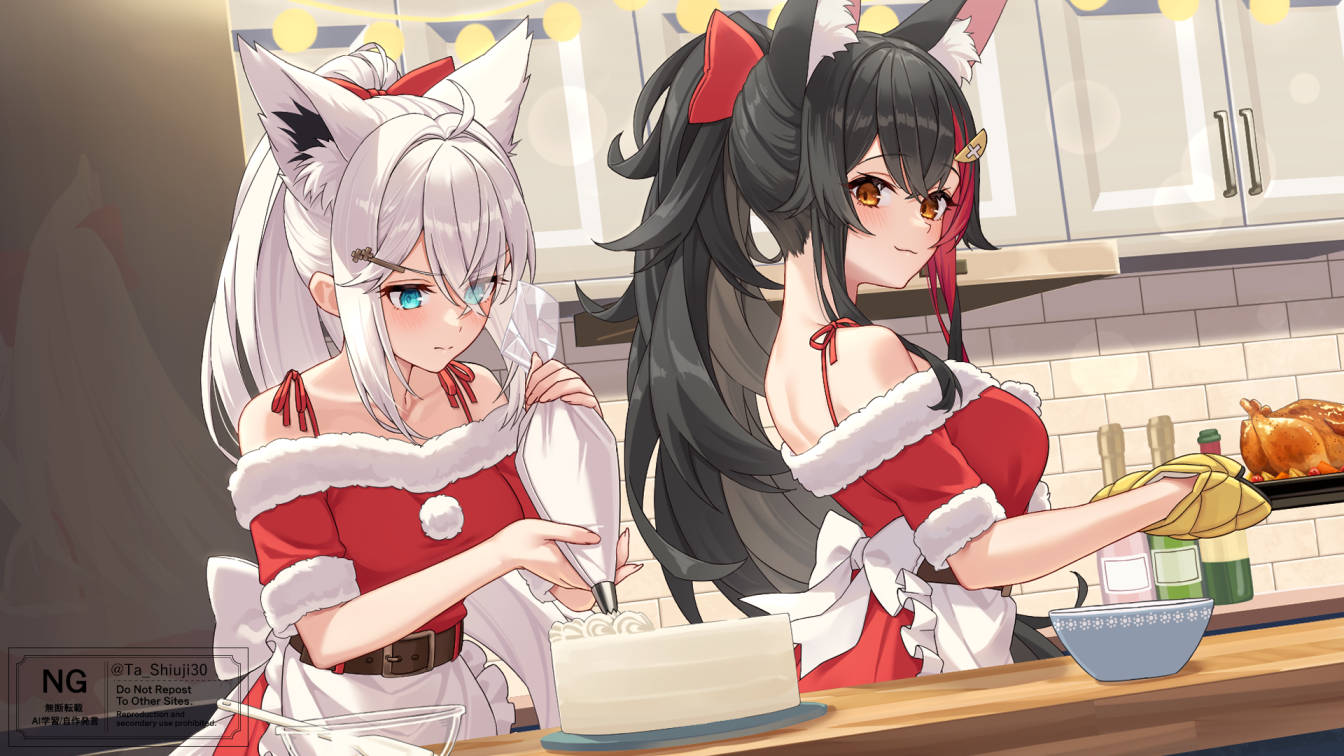 ta shiuji30, ookami mio, shirakami fubuki, hololive, commentary request, 2girls, alternate costume, alternate hairstyle, animal ear fluff, animal ears, apron, aqua eyes, black hair, bowl, cake, closed mouth, cooking, dress, food, fox ears, fox girl, fur-trimmed dress, fur trim, hair ornament, hairpin, long hair, looking at viewer, multiple girls, pom pom (clothes), ponytail, red dress, red streaks, santa costume, santa dress, smile, turkey (food), very long hair, virtual youtuber, white apron, white hair, wolf ears, wolf girl, yellow eyes