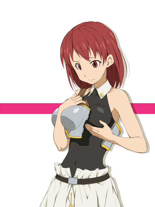 hamao, cecily cambell, seiken no blacksmith, breast hold, 00s, 1girl, armor, bare shoulders, belt, blush, breast conscious, breast lift, breastplate, breasts, female focus, leotard, red eyes, red hair, short hair, simple background, solo, sweatdrop