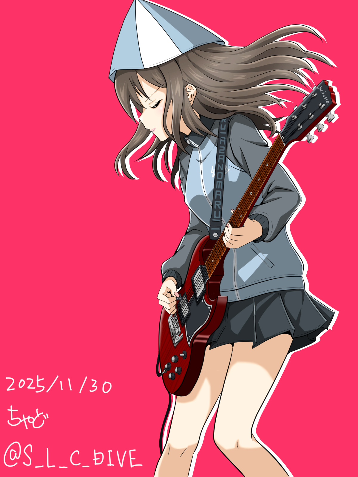 mika (girls und panzer), girls und panzer, commentary request, highres, 1girl, black skirt, brown hair, closed eyes, feet out of frame, grey jacket, guitar, hat, holding, holding instrument, instrument, jacket, keizoku school uniform, long hair, red background, s l c dive, school uniform, simple background, skirt, solo, standing