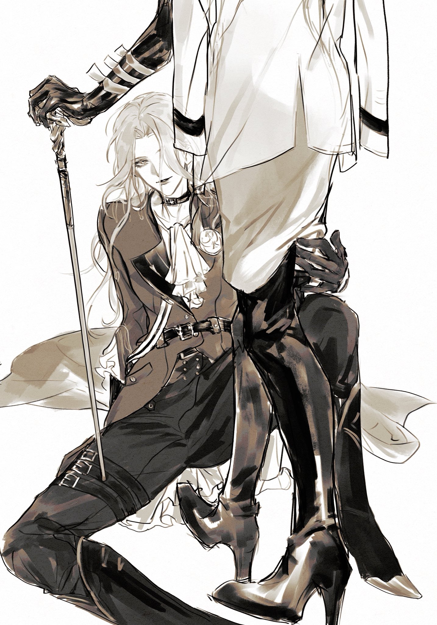 augustus (path to nowhere), langley (path to nowhere), path to nowhere, hashtag-only commentary, highres, 2girls, boots, cane, czyw01, from behind, high heel boots, high heels, holding, holding cane, looking at viewer, monochrome, multiple girls, pants, sitting, white background