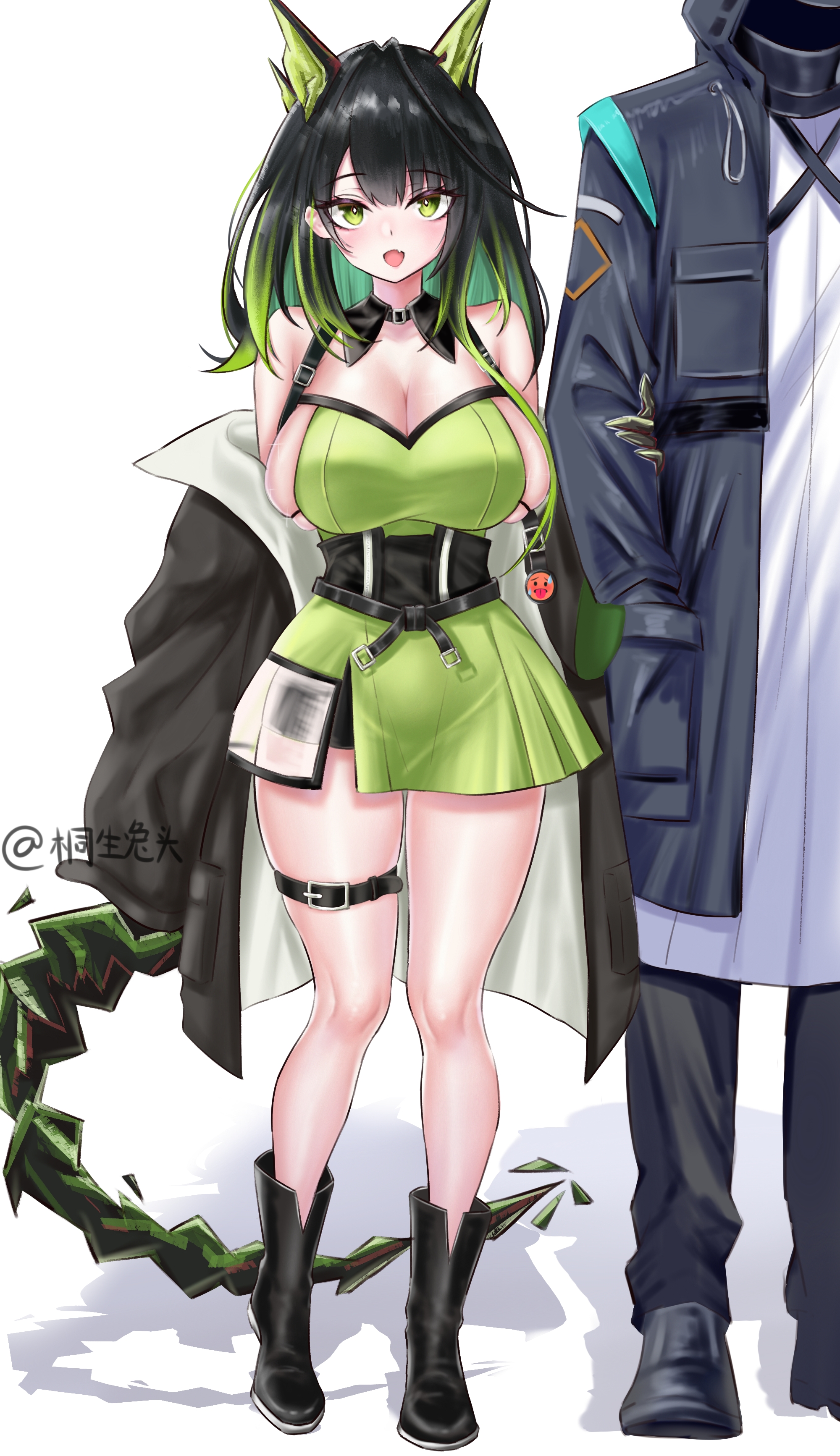 doctor (arknights), mon3tr (arknights), arknights, absurdres, chinese commentary, commentary request, highres, 1girl, ahoge, alternate breast size (larger), artist name, bare legs, bare shoulders, belt, black boots, black coat, black hair, boots, breasts, bright pupils, cleavage, coat, coat partially removed, colored inner hair, crystal horns, crystal tail, detached collar, dress, emoji, full body, gradient hair, green dress, green eyes, green hair, grey background, hand on another's arm, hood, hooded coat, huge ahoge, large breasts, looking at viewer, luhuaic, multicolored coat, multicolored hair, off shoulder, open mouth, raised eyebrows, simple background, sleeves past wrists, standing, tail, thigh belt, thigh strap, two-tone coat, white coat