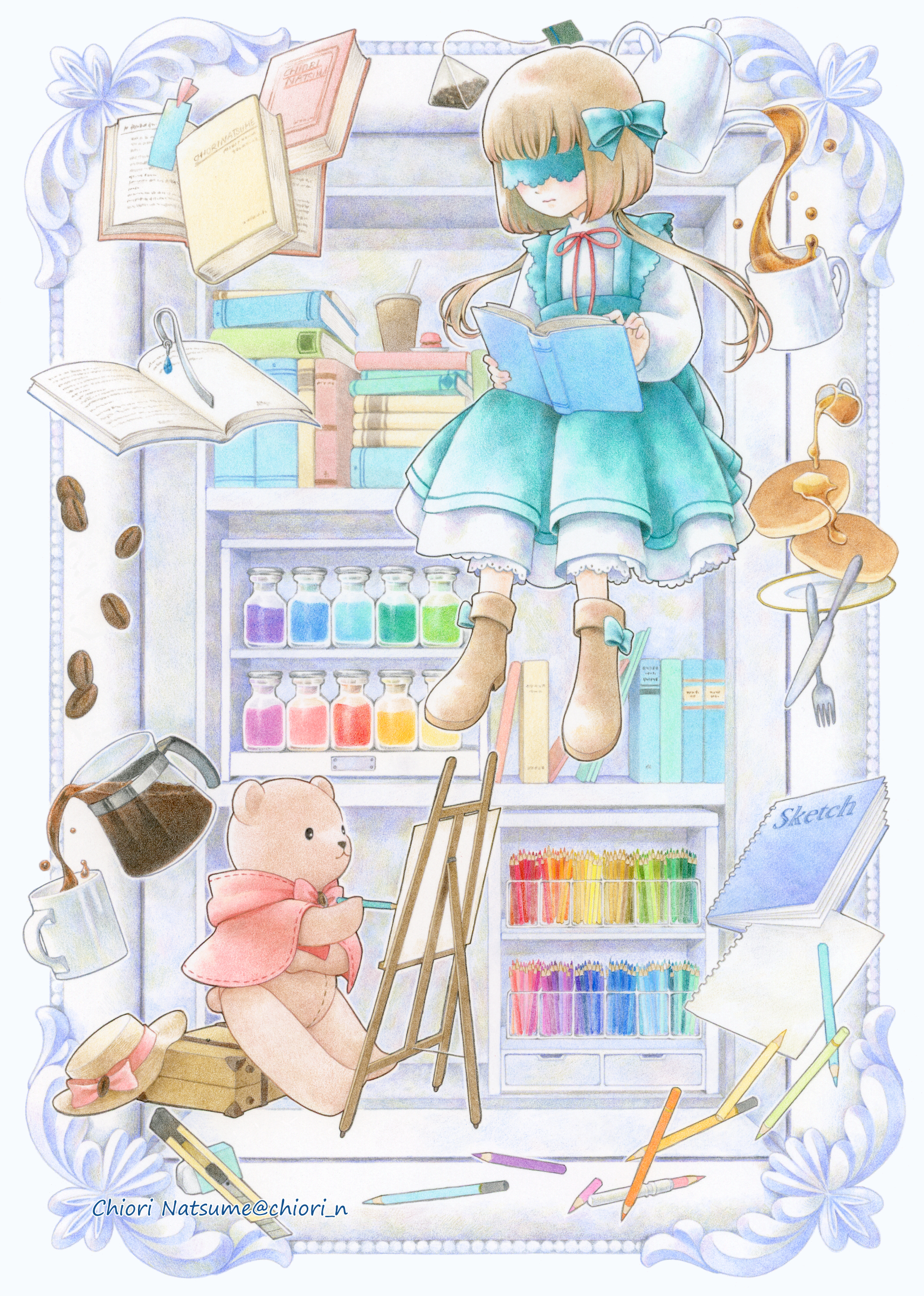 chiori n, original, absurdres, colored pencil (medium), commentary request, highres, traditional media, 1girl, blindfold, blush, book, brown hair, canvas (object), coffee, coffee beans, colored pencil, doll, dress, expressionless, fantasy, food, holding, holding book, long hair, painting (action), pancake, pencil, sitting, stuffed animal, stuffed toy, teddy bear, twintails